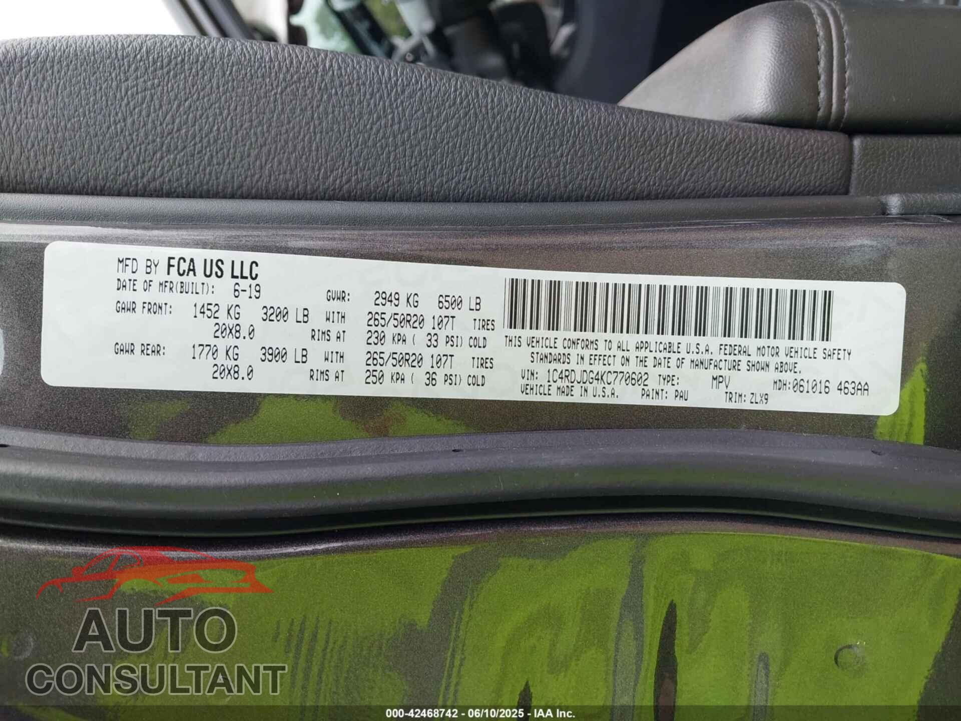 DODGE DURANGO 2019 - 1C4RDJDG4KC770602