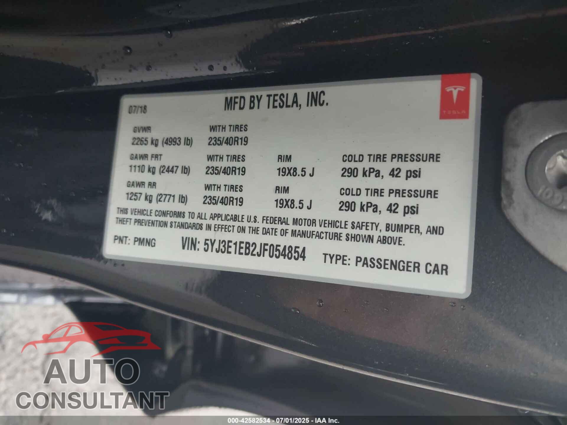 TESLA MODEL 3 2018 - 5YJ3E1EB2JF054854