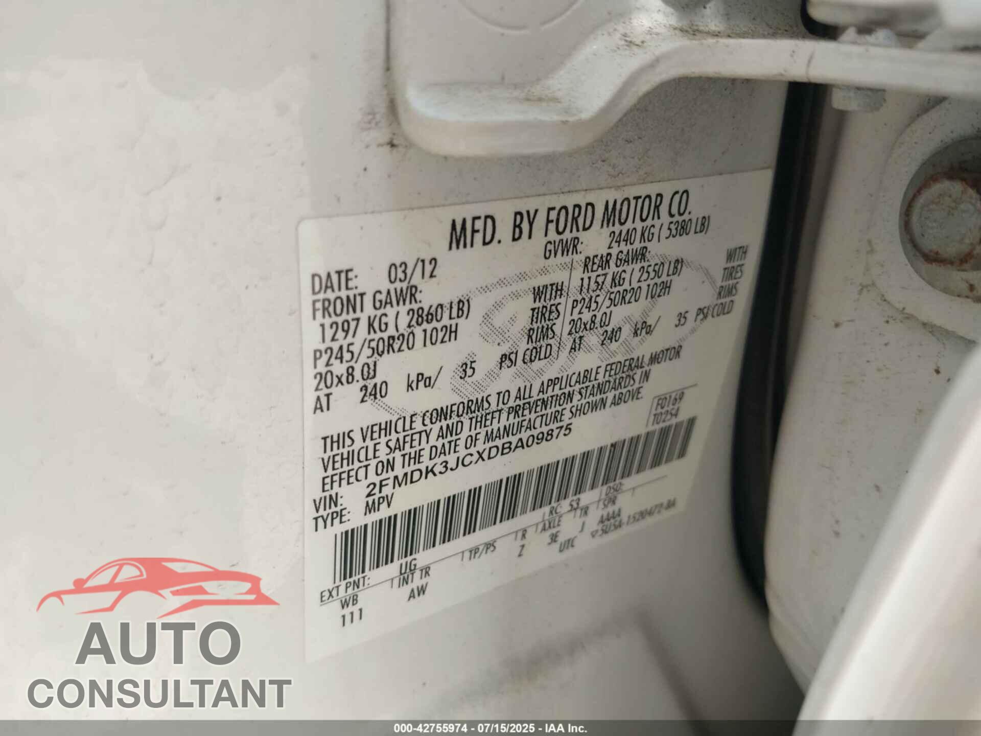 FORD EDGE 2013 - 2FMDK3JCXDBA09875