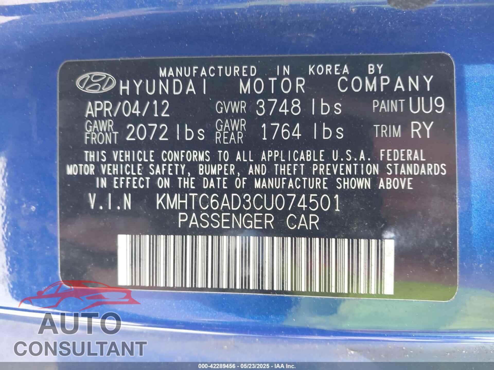 HYUNDAI VELOSTER 2012 - KMHTC6AD3CU074501