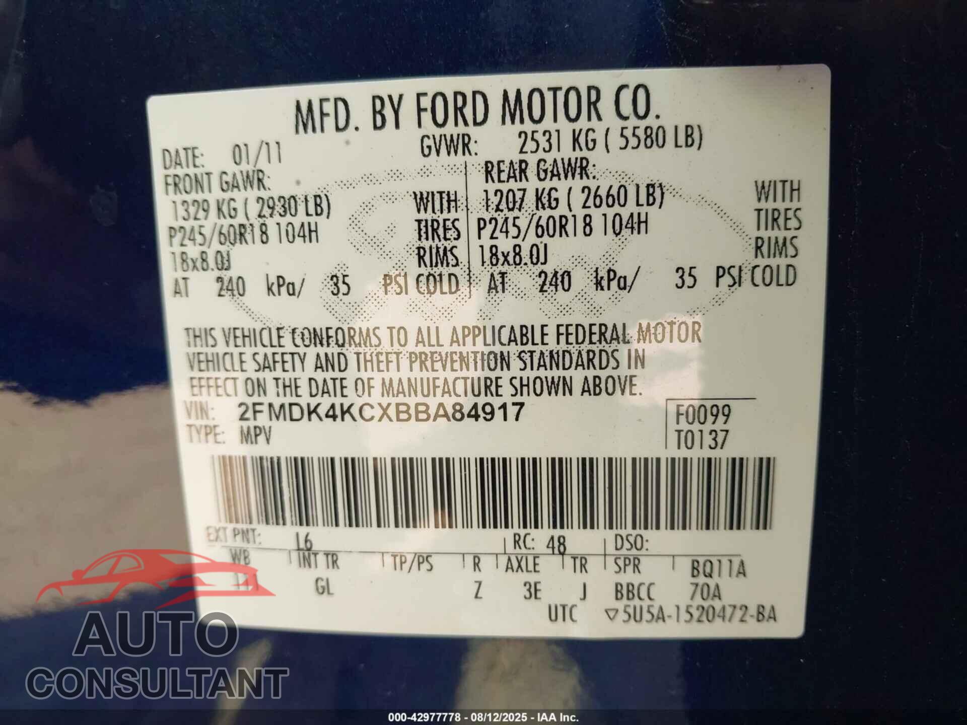 FORD EDGE 2011 - 2FMDK4KCXBBA84917