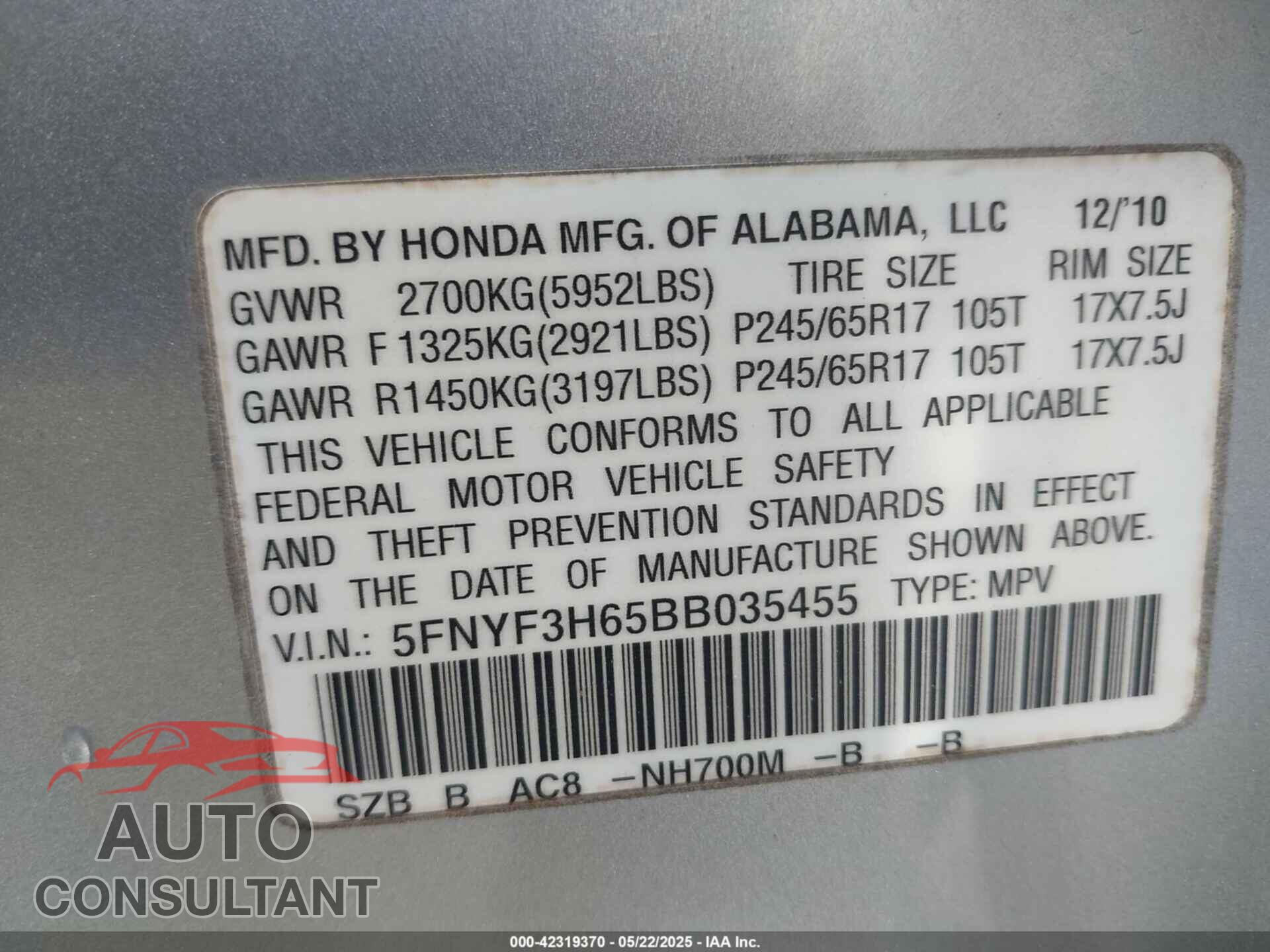 HONDA PILOT 2011 - 5FNYF3H65BB035455