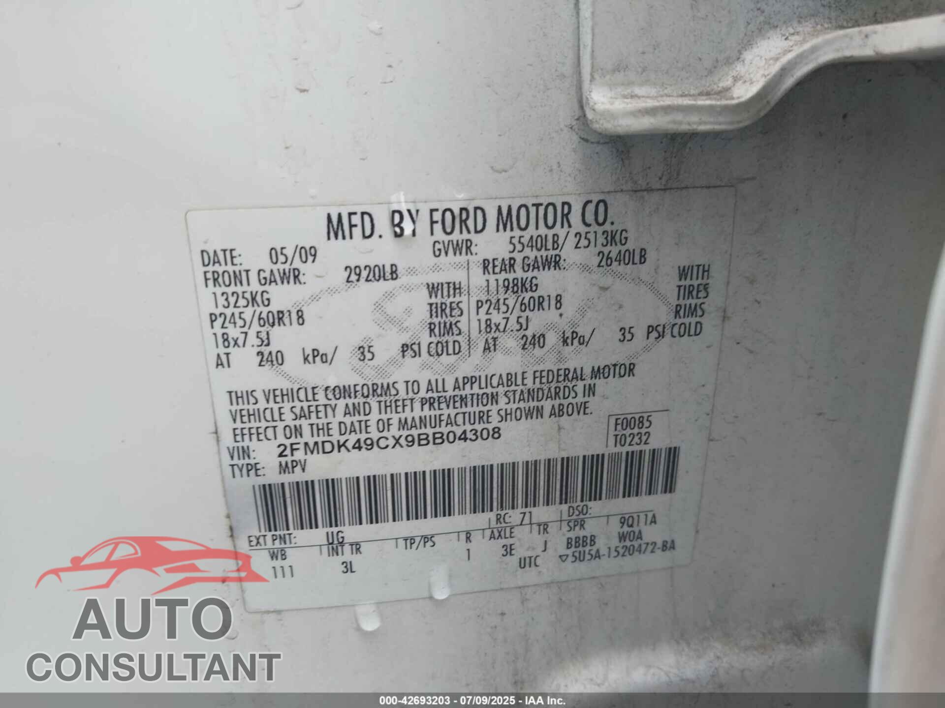 FORD EDGE 2009 - 2FMDK49CX9BB04308