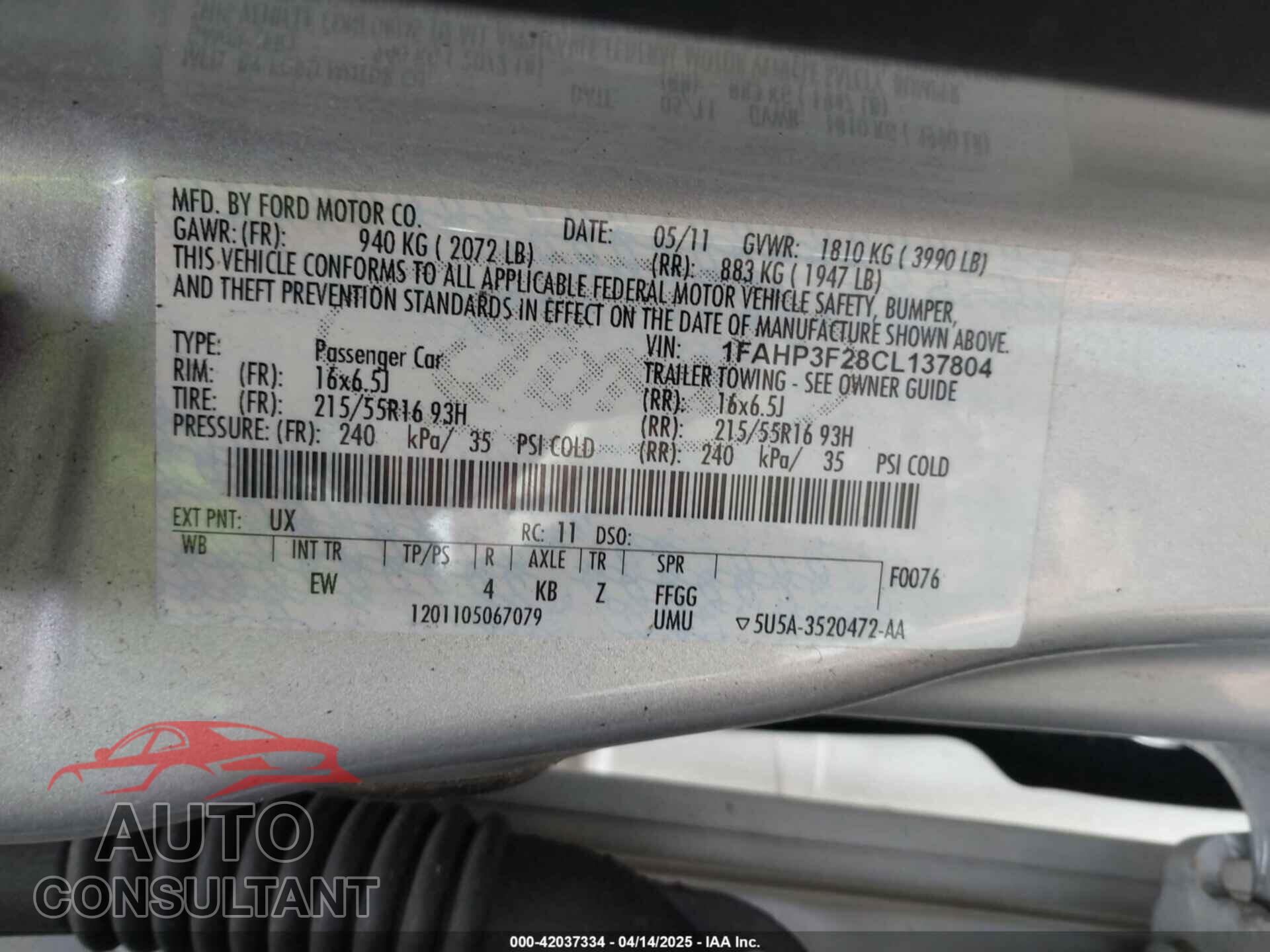 FORD FOCUS 2012 - 1FAHP3F28CL137804