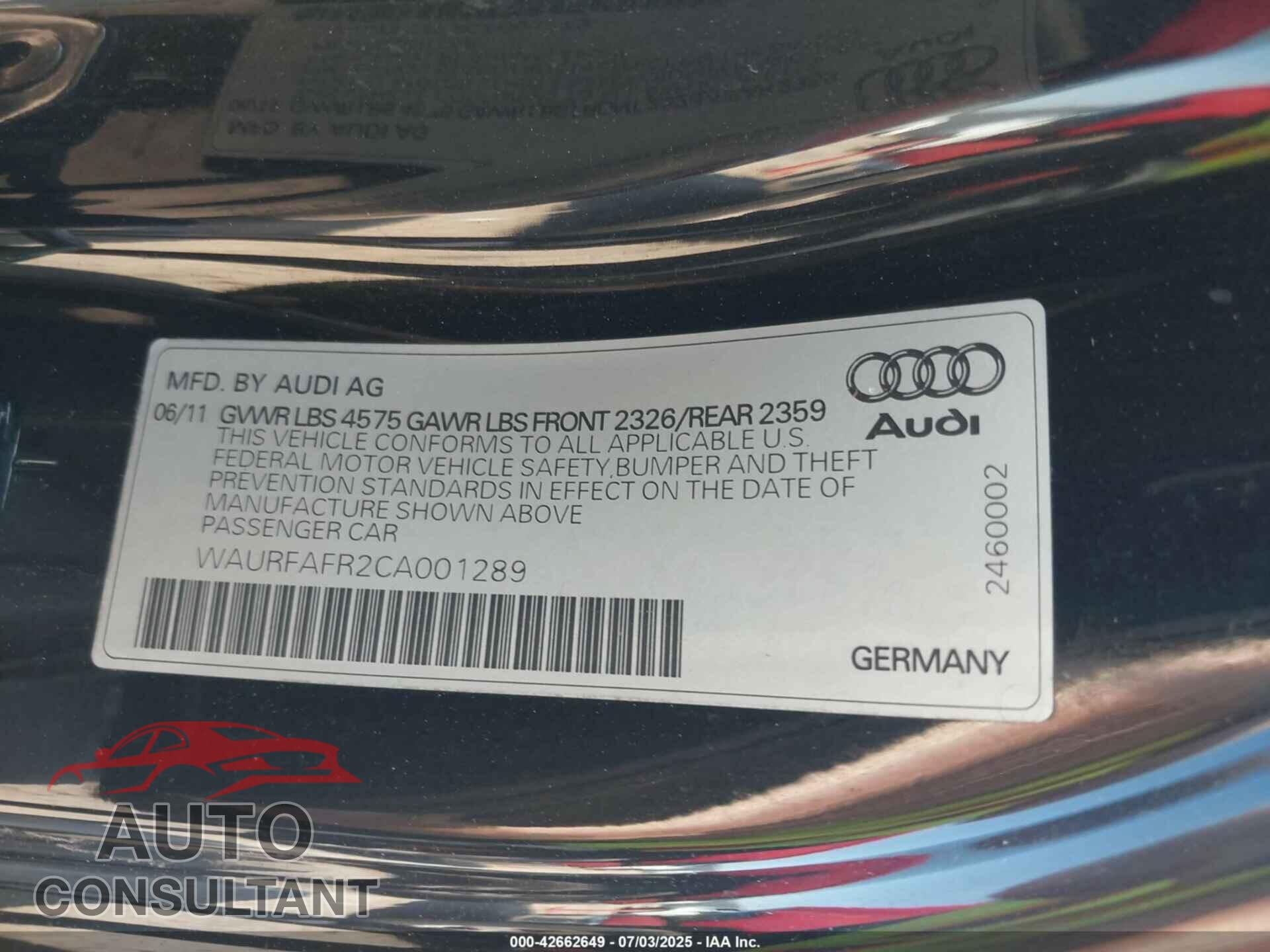 AUDI A5 2012 - WAURFAFR2CA001289