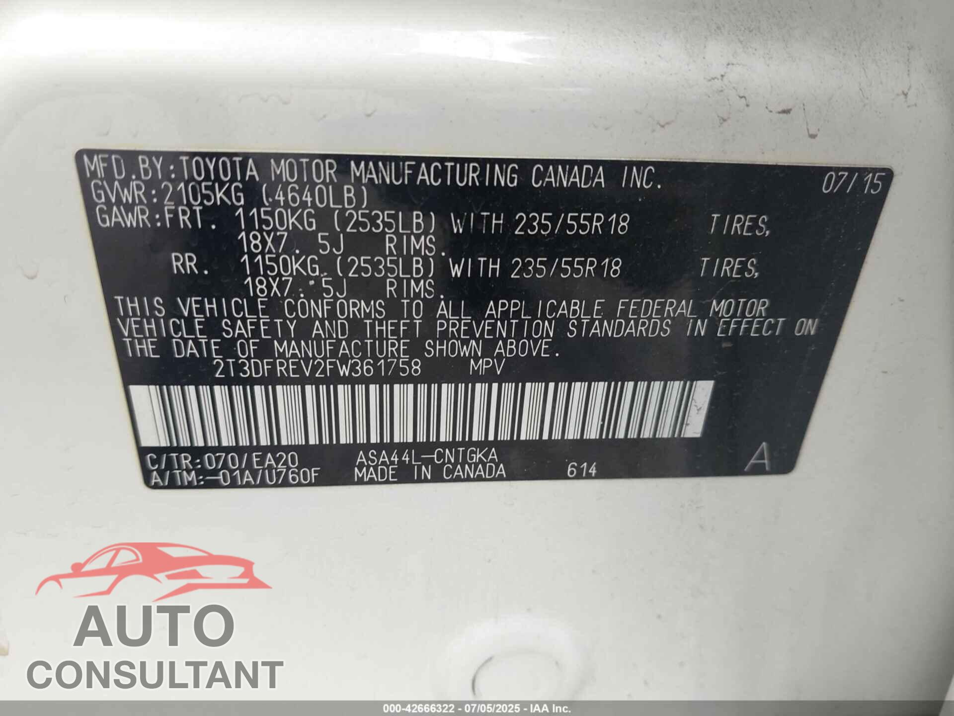 TOYOTA RAV4 2015 - 2T3DFREV2FW361758