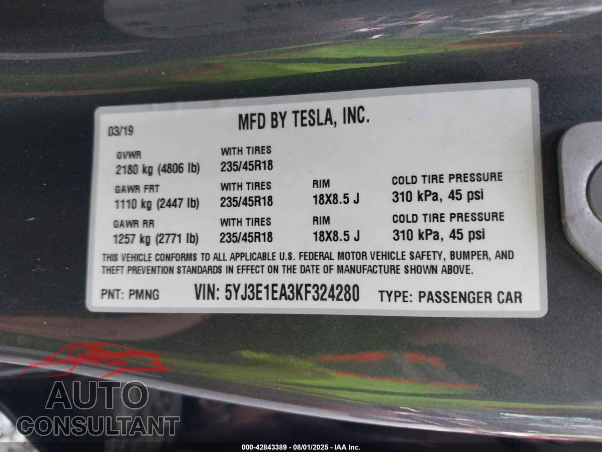 TESLA MODEL 3 2019 - 5YJ3E1EA3KF324280