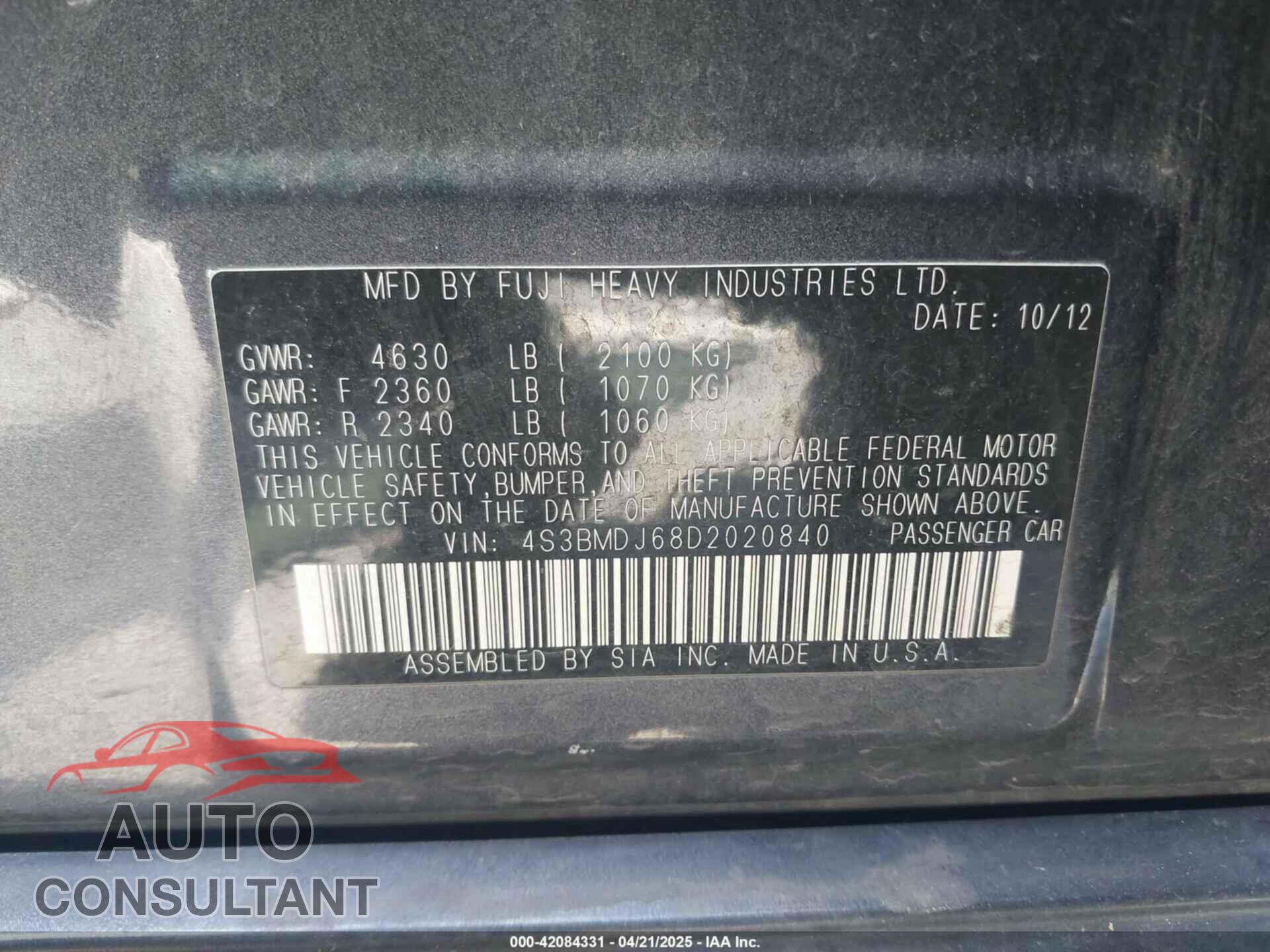 SUBARU LEGACY 2013 - 4S3BMDJ68D2020840