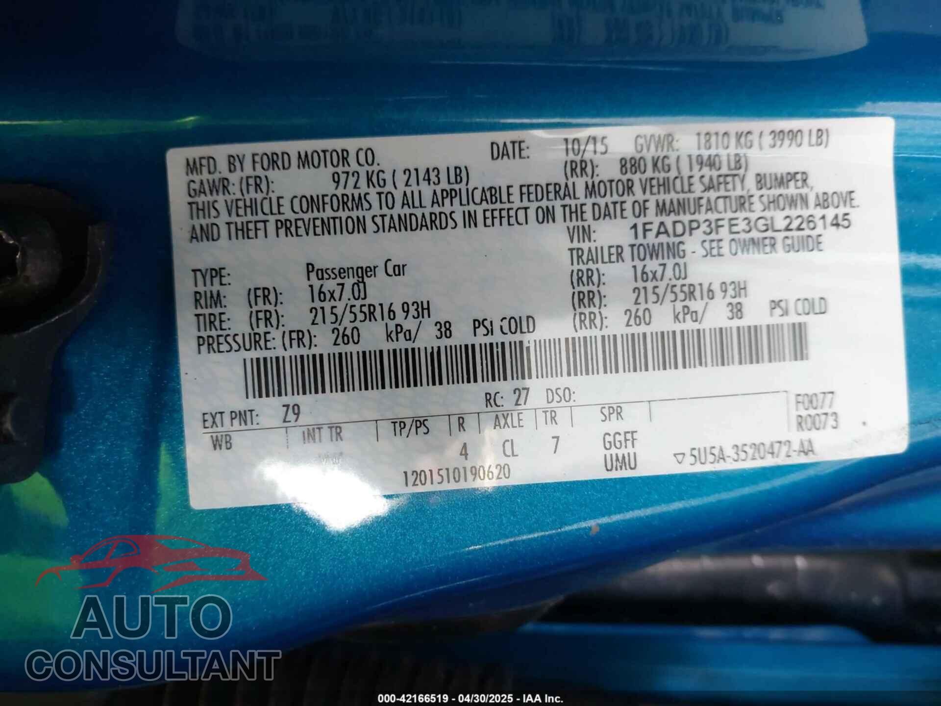 FORD FOCUS 2016 - 1FADP3FE3GL226145