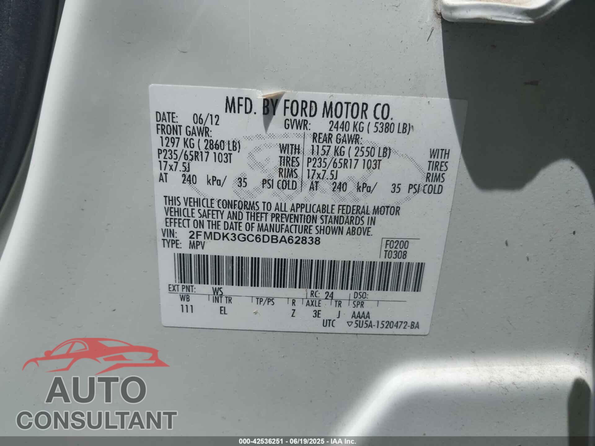 FORD EDGE 2013 - 2FMDK3GC6DBA62838
