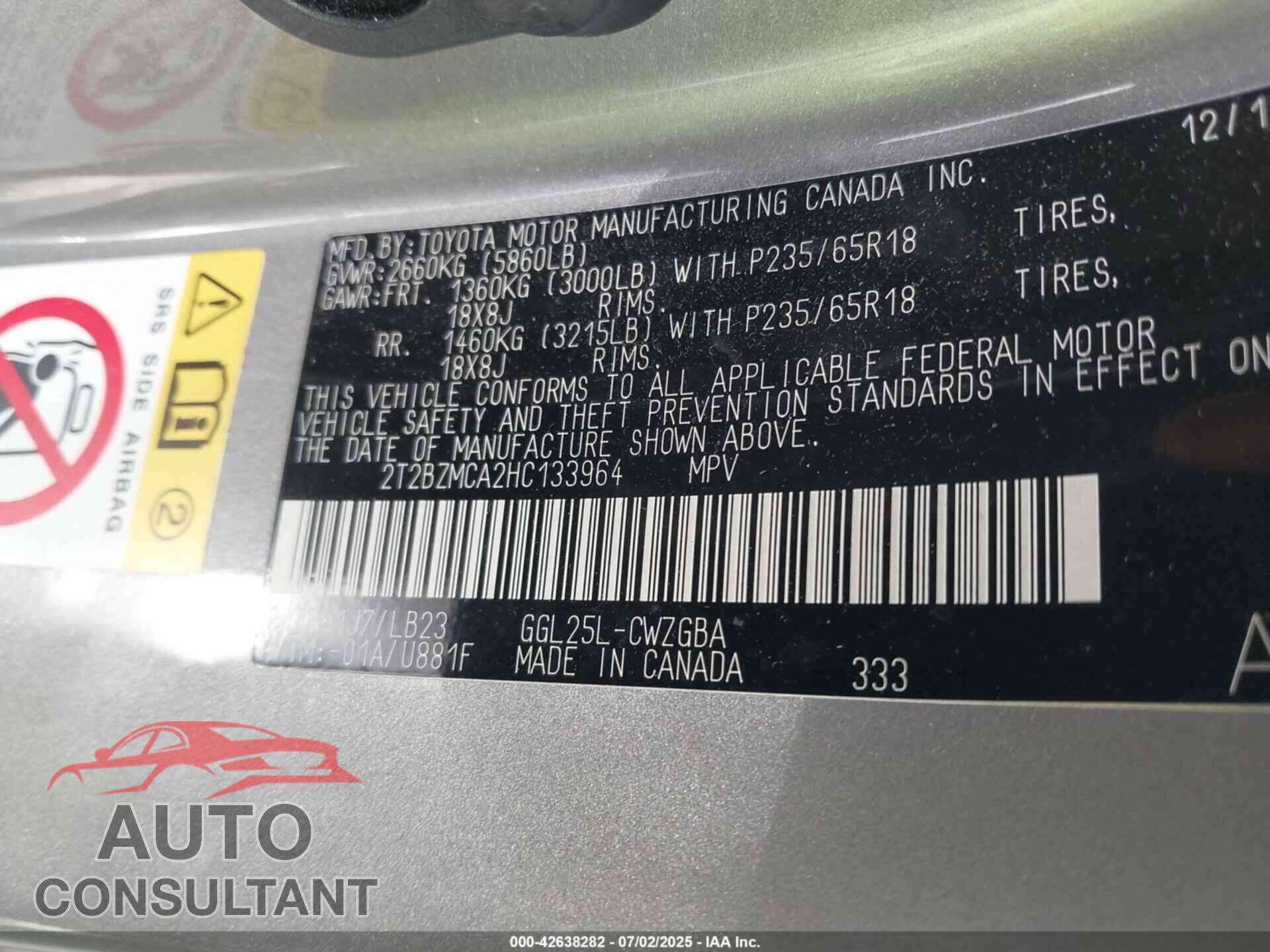 LEXUS RX 350 2017 - 2T2BZMCA2HC133964