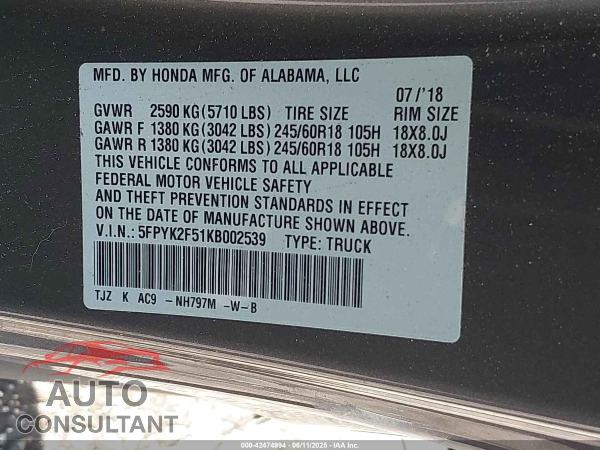 HONDA RIDGELINE 2019 - 5FPYK2F51KB002539