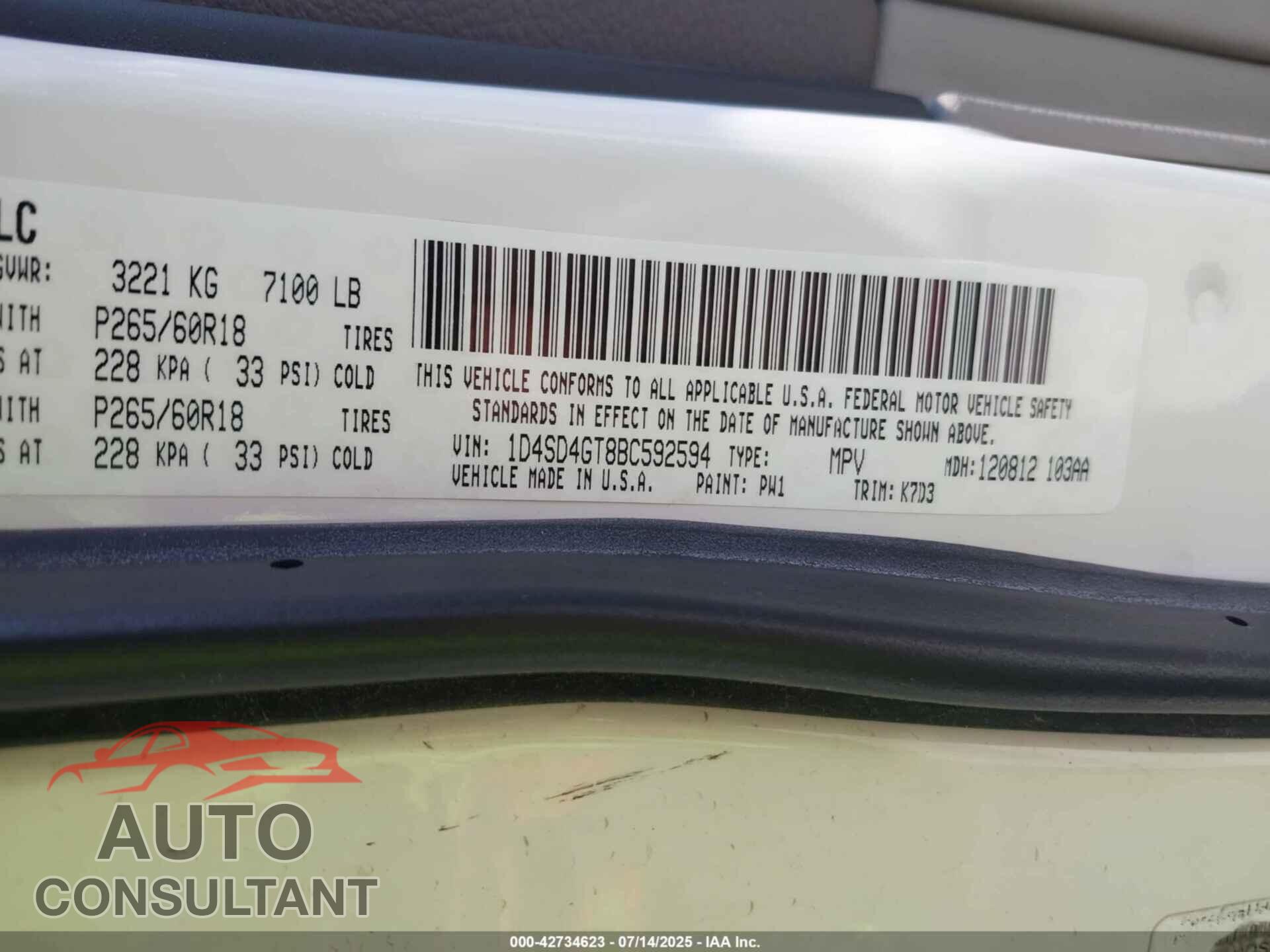 DODGE DURANGO 2011 - 1D4SD4GT8BC592594