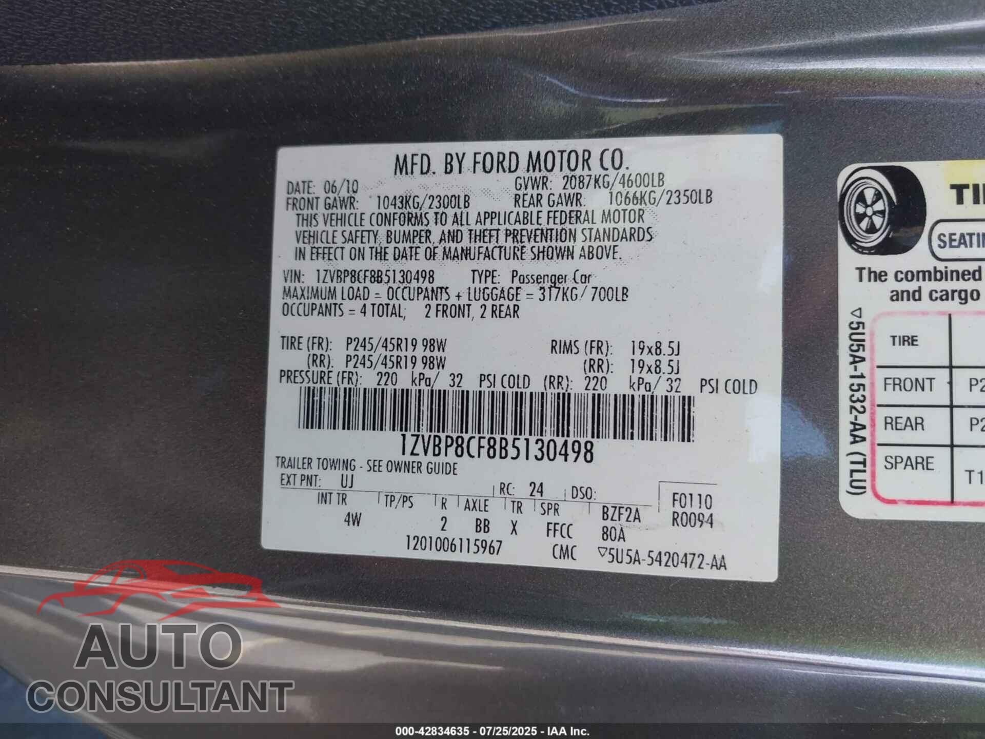 FORD MUSTANG 2011 - 1ZVBP8CF8B5130498