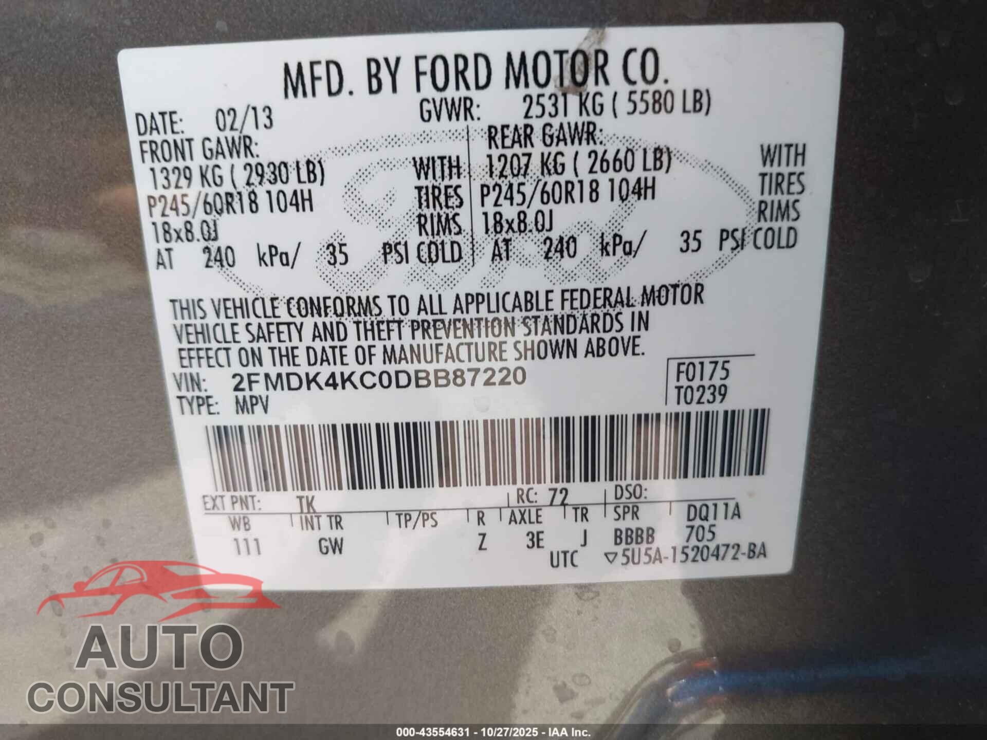FORD EDGE 2013 - 2FMDK4KC0DBB87220