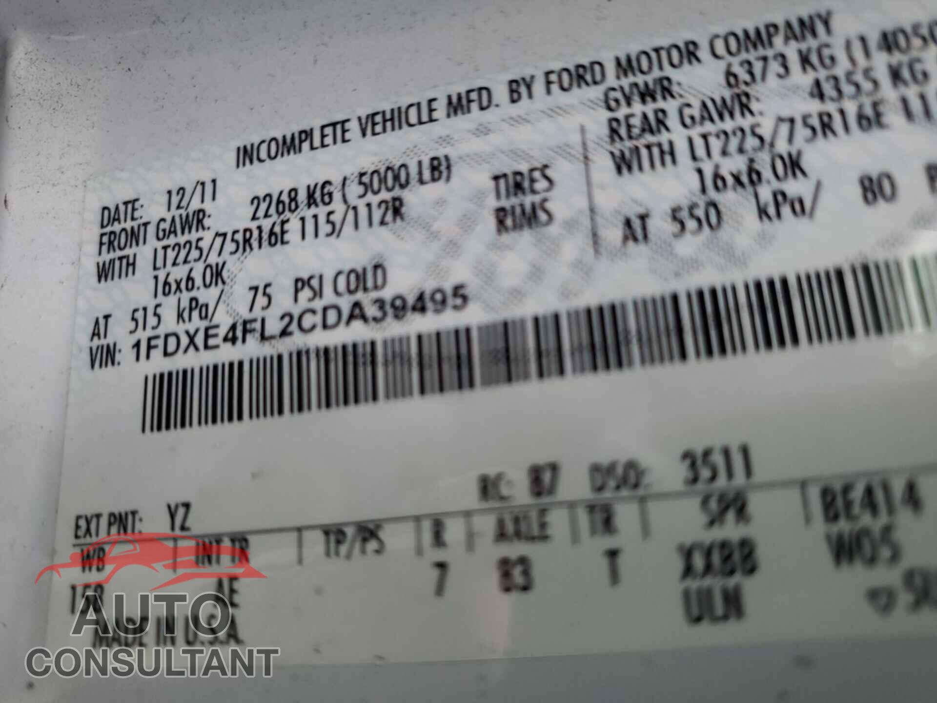 FORD E-450 CUTAWAY 2012 - 1FDXE4FL2CDA39495
