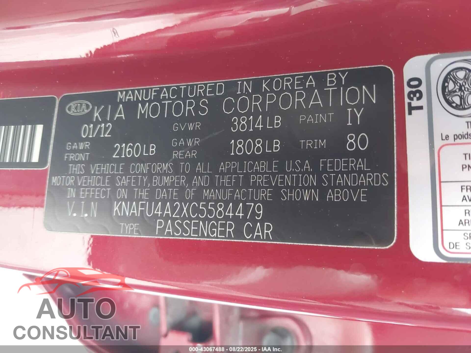 KIA FORTE 2012 - KNAFU4A2XC5584479