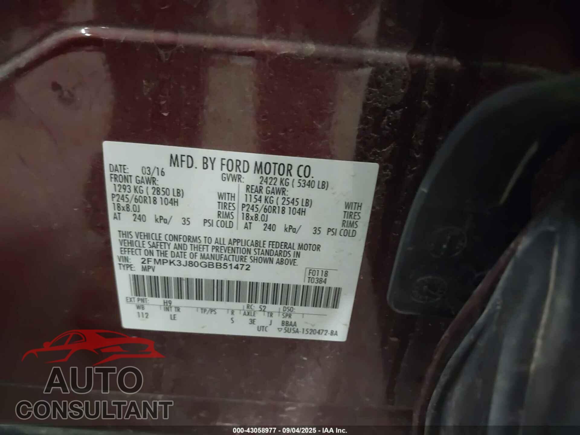 FORD EDGE 2016 - 2FMPK3J80GBB51472