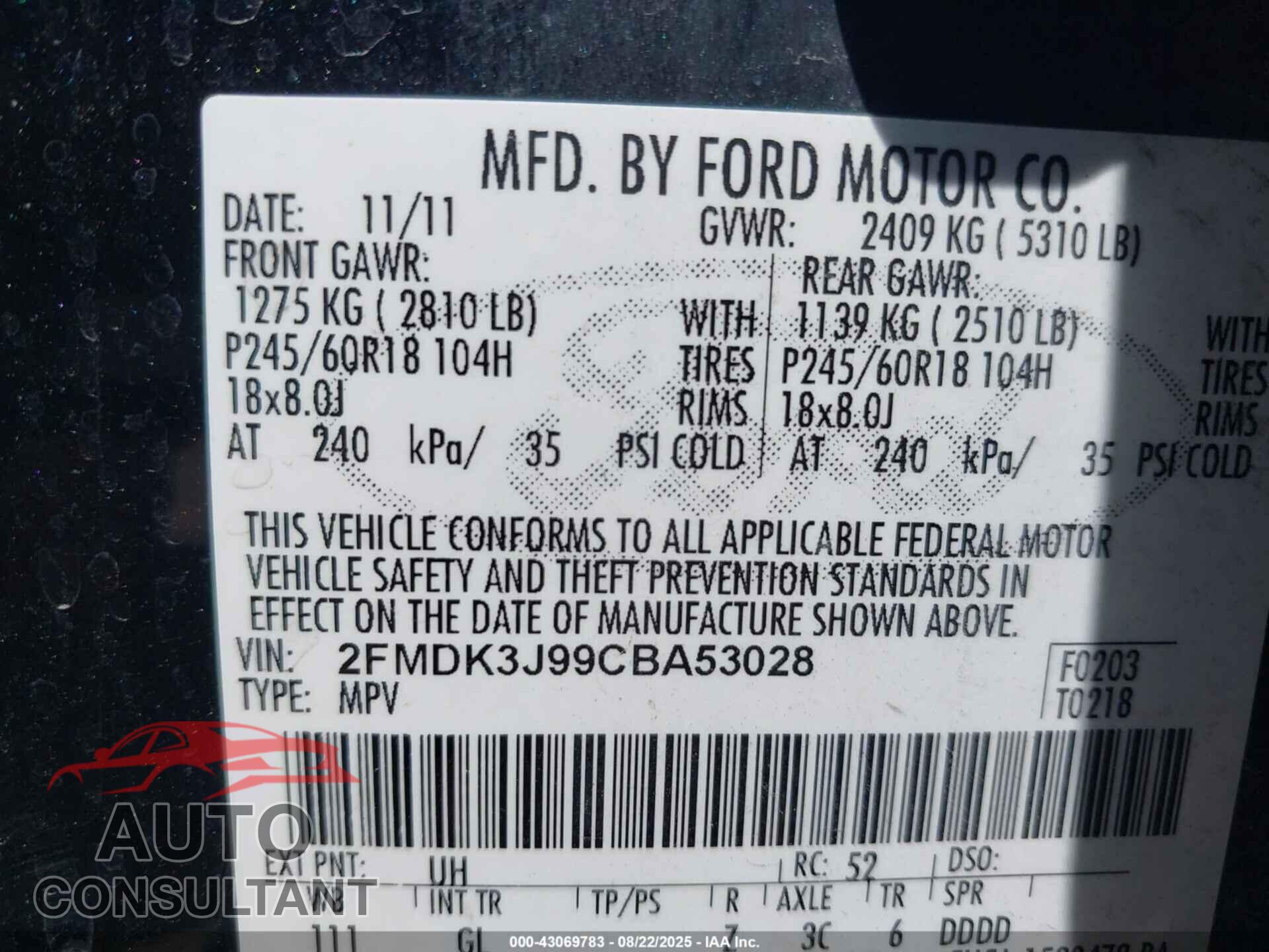 FORD EDGE 2012 - 2FMDK3J99CBA53028