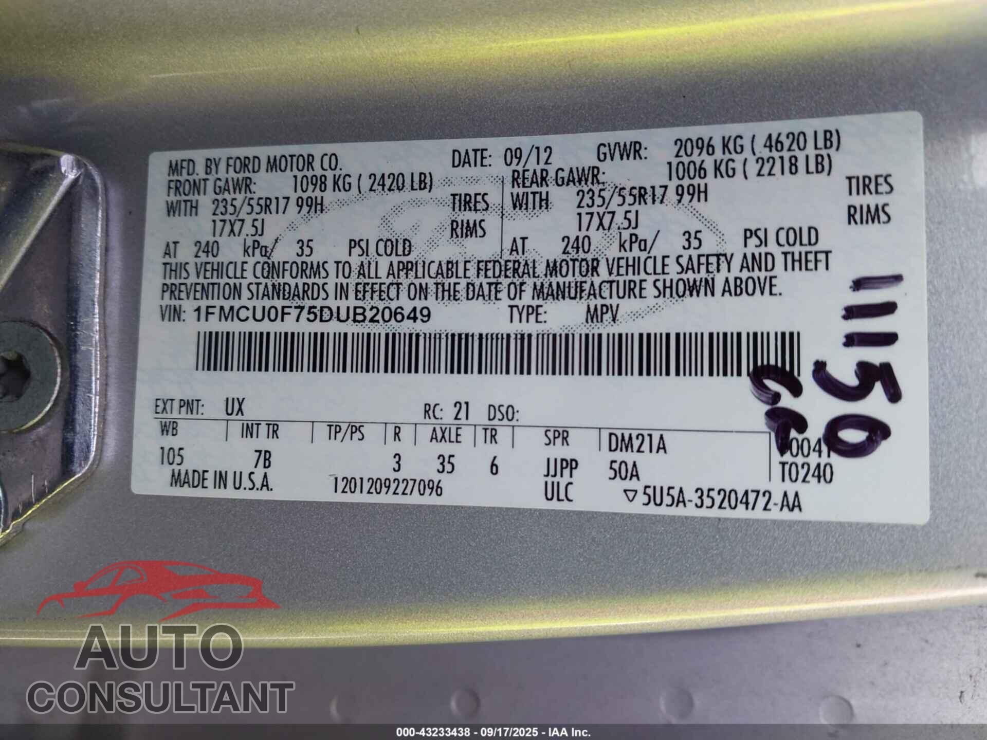 FORD ESCAPE 2013 - 1FMCU0F75DUB20649
