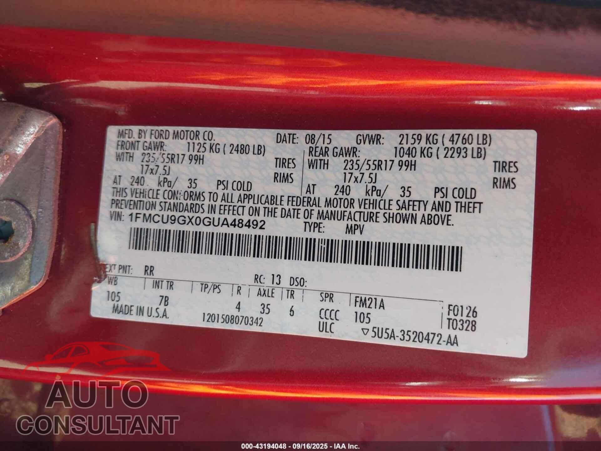 FORD ESCAPE 2016 - 1FMCU9GX0GUA48492
