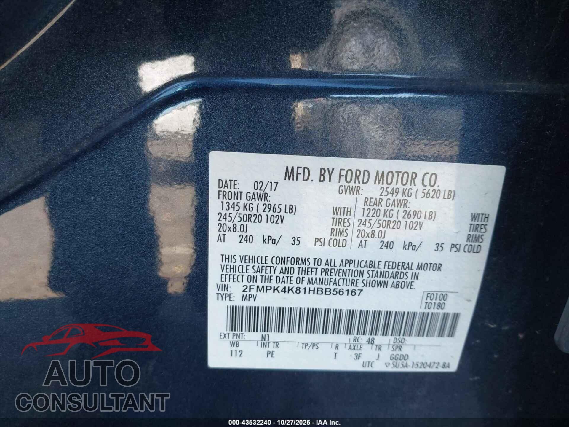 FORD EDGE 2017 - 2FMPK4K81HBB56167