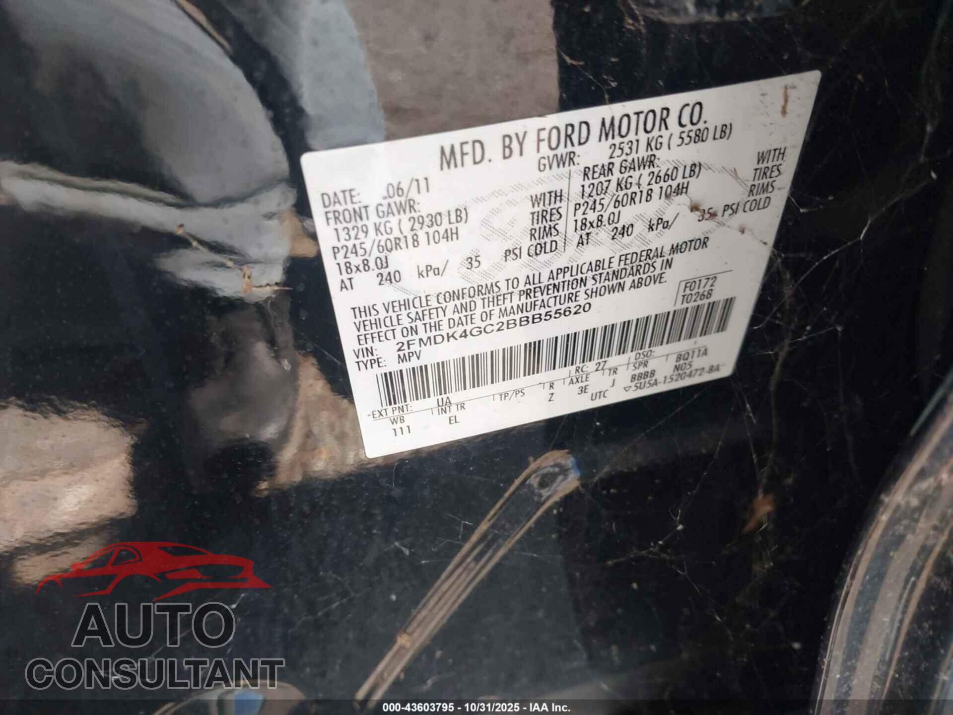 FORD EDGE 2011 - 2FMDK4GC2BBB55620