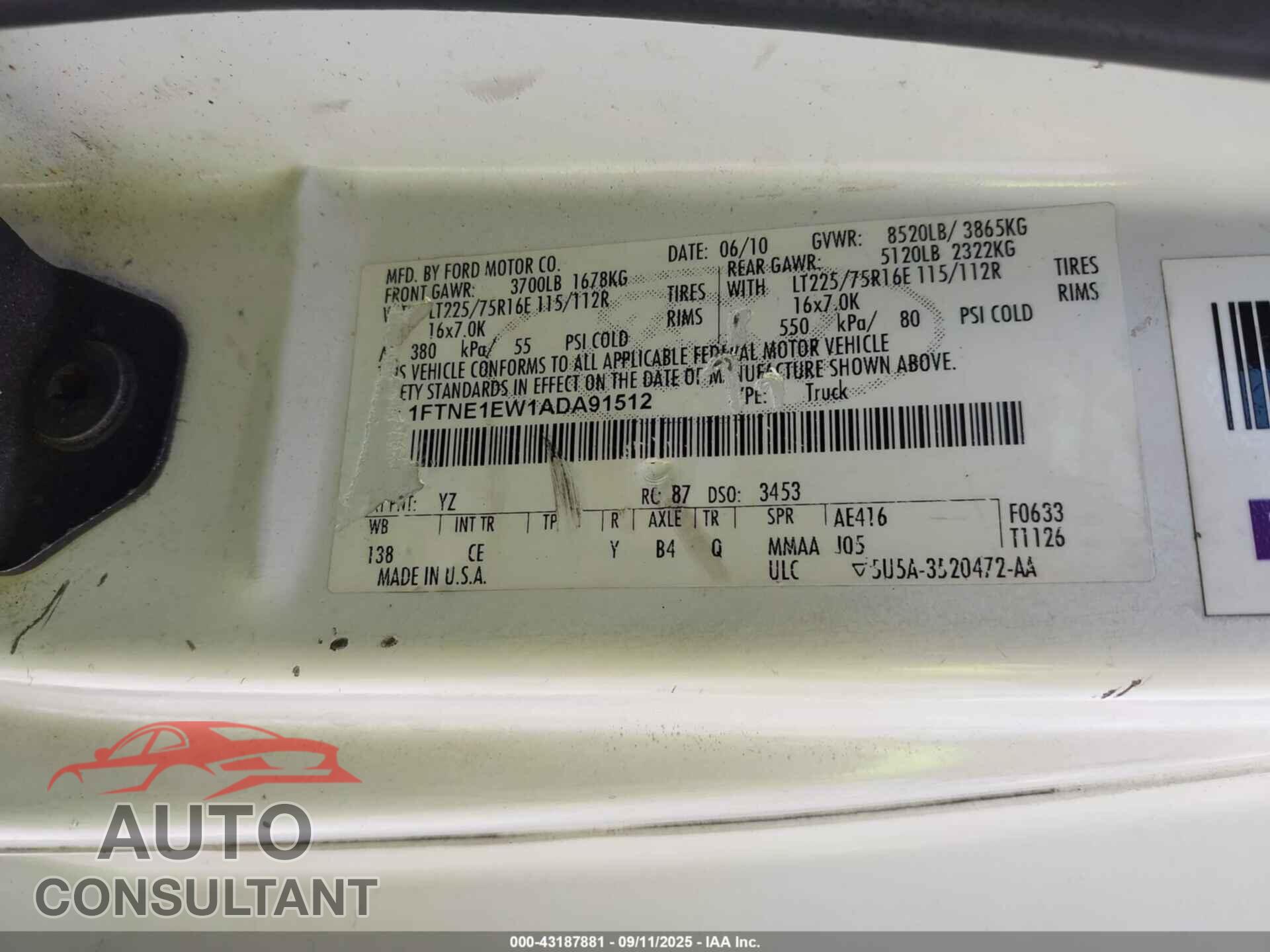 FORD E-150 2010 - 1FTNE1EW1ADA91512