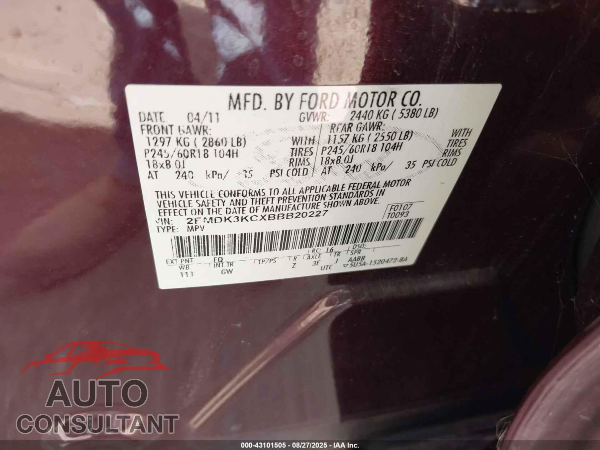 FORD EDGE 2011 - 2FMDK3KCXBBB20227