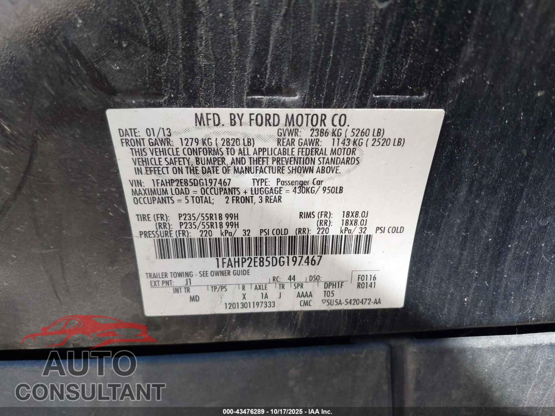 FORD TAURUS 2013 - 1FAHP2E85DG197467