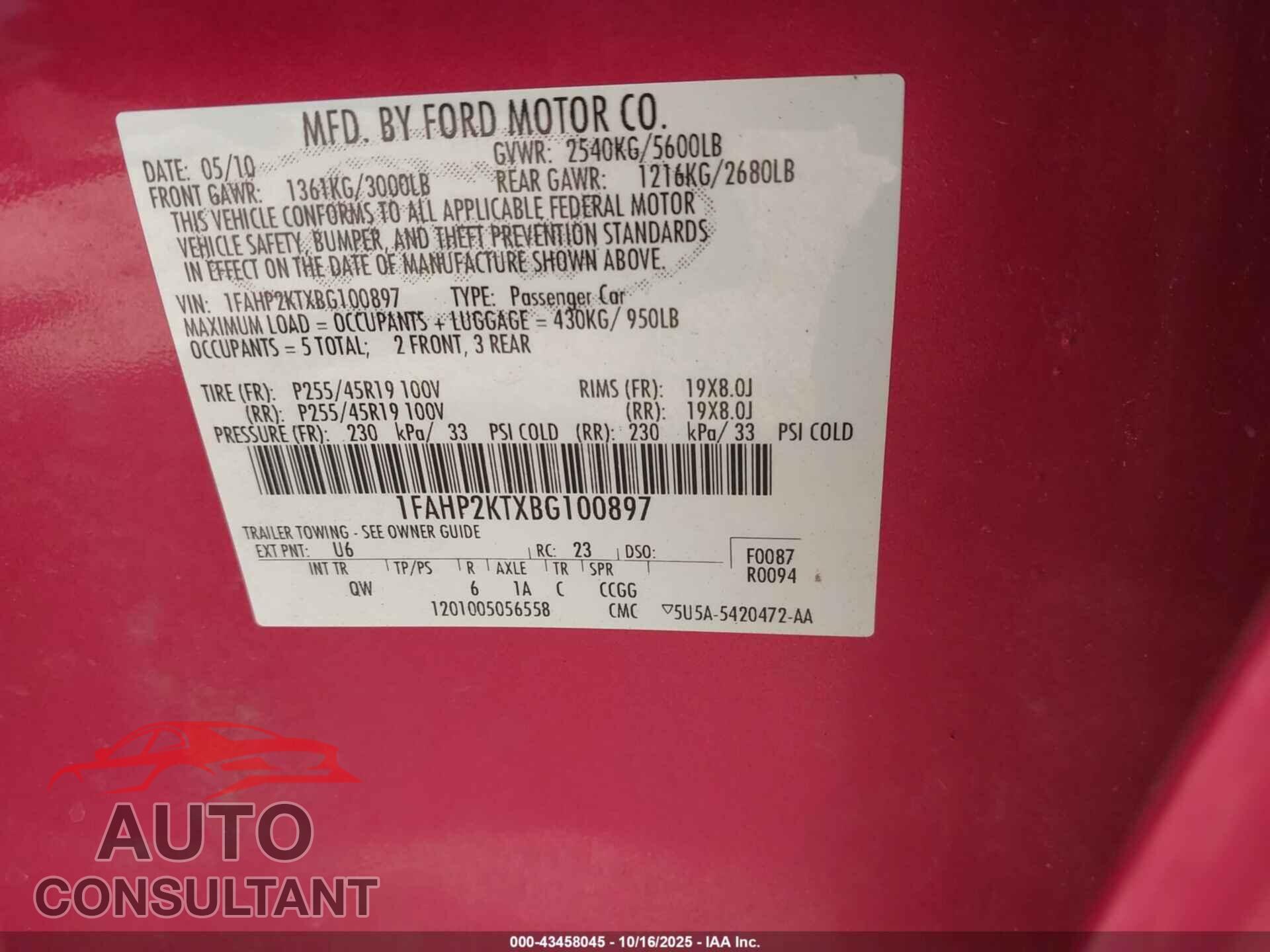 FORD TAURUS 2011 - 1FAHP2KTXBG100897