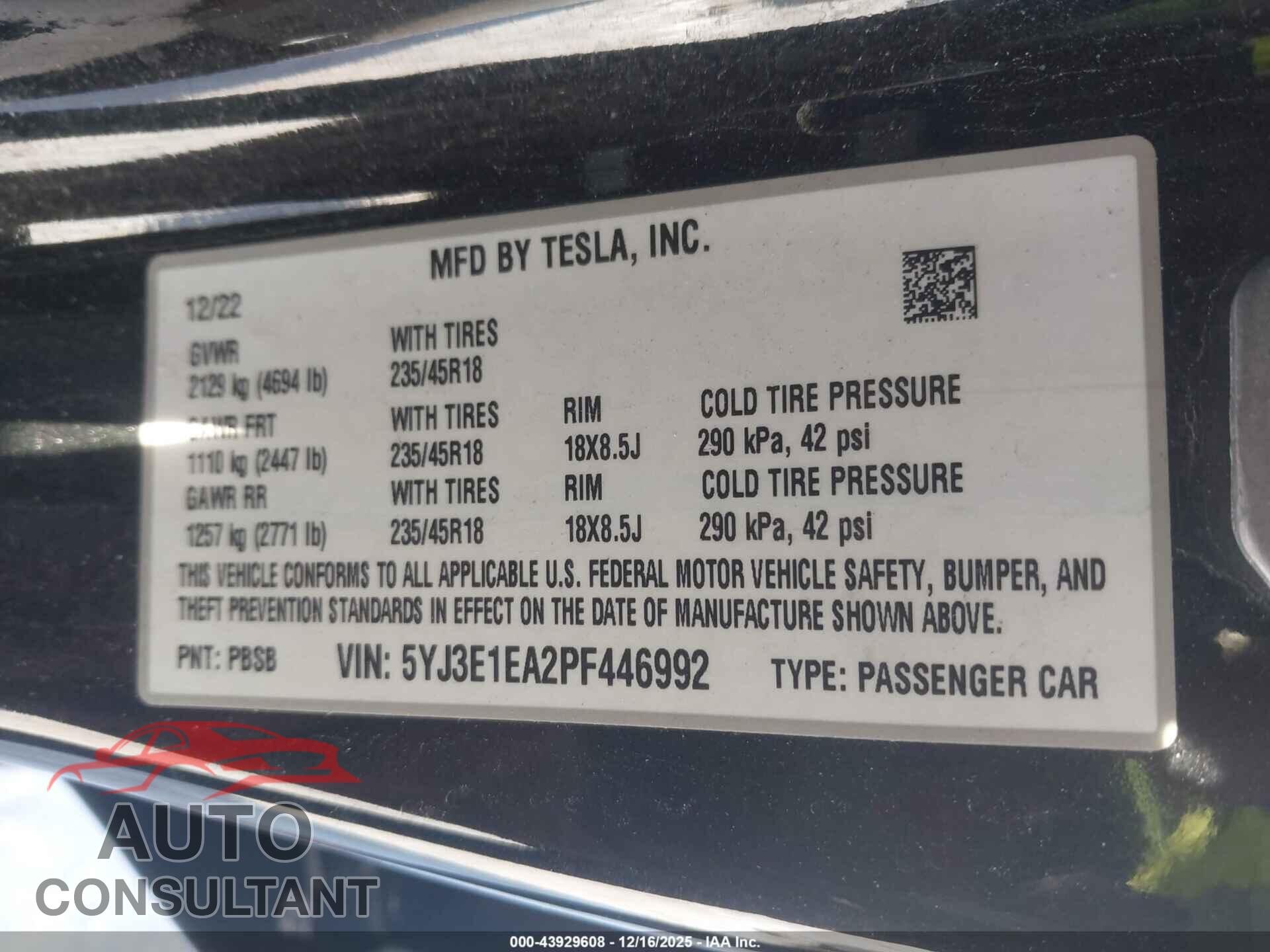 TESLA MODEL 3 2023 - 5YJ3E1EA2PF446992