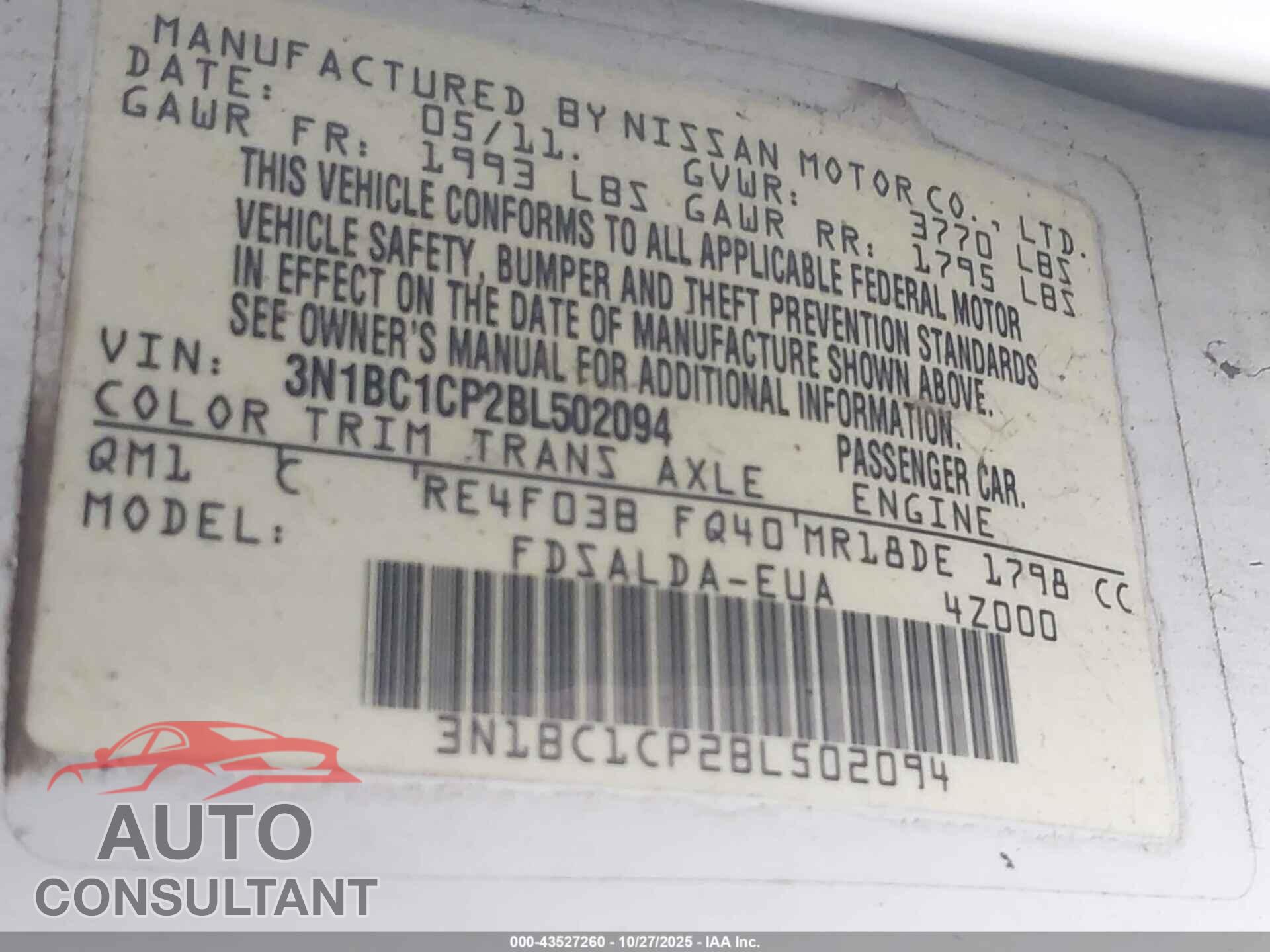 NISSAN VERSA 2011 - 3N1BC1CP2BL502094