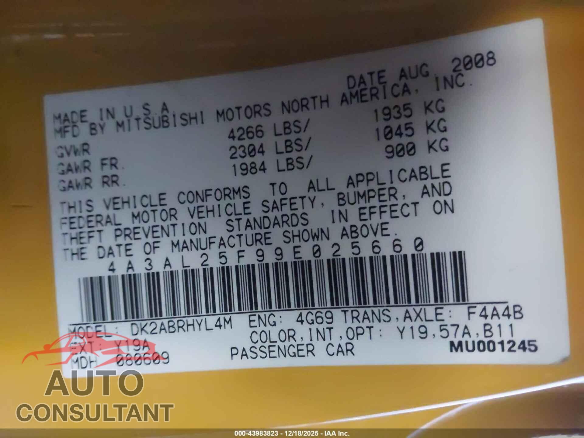 MITSUBISHI ECLIPSE SPYDER 2009 - 4A3AL25F99E025660