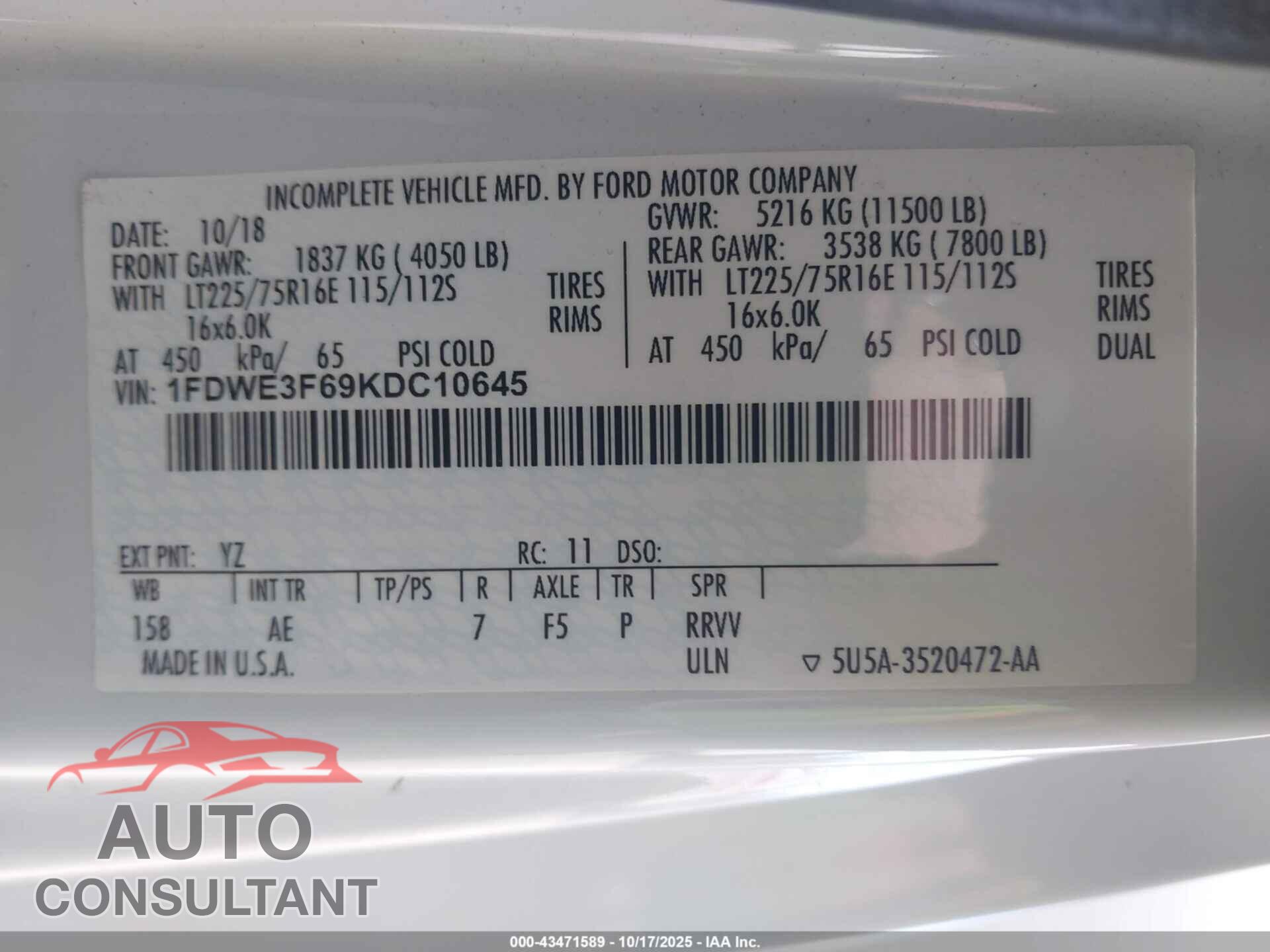 FORD E-350 CUTAWAY 2019 - 1FDWE3F69KDC10645