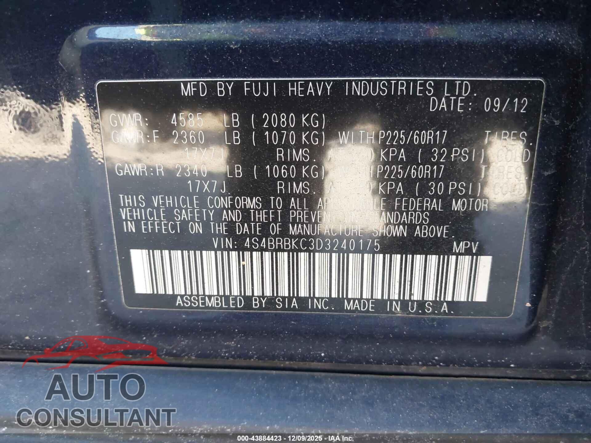 SUBARU OUTBACK 2013 - 4S4BRBKC3D3240175