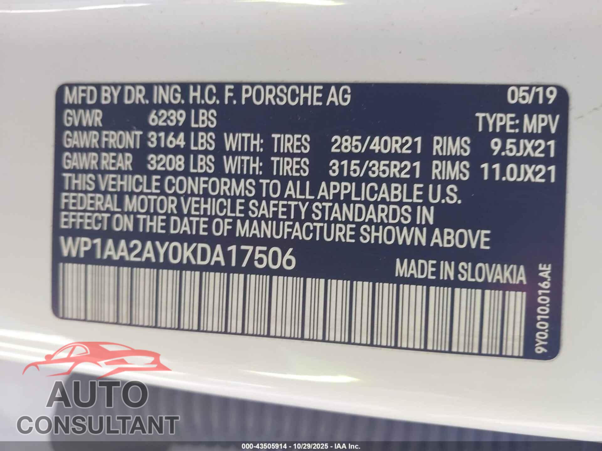 PORSCHE CAYENNE 2019 - WP1AA2AY0KDA17506