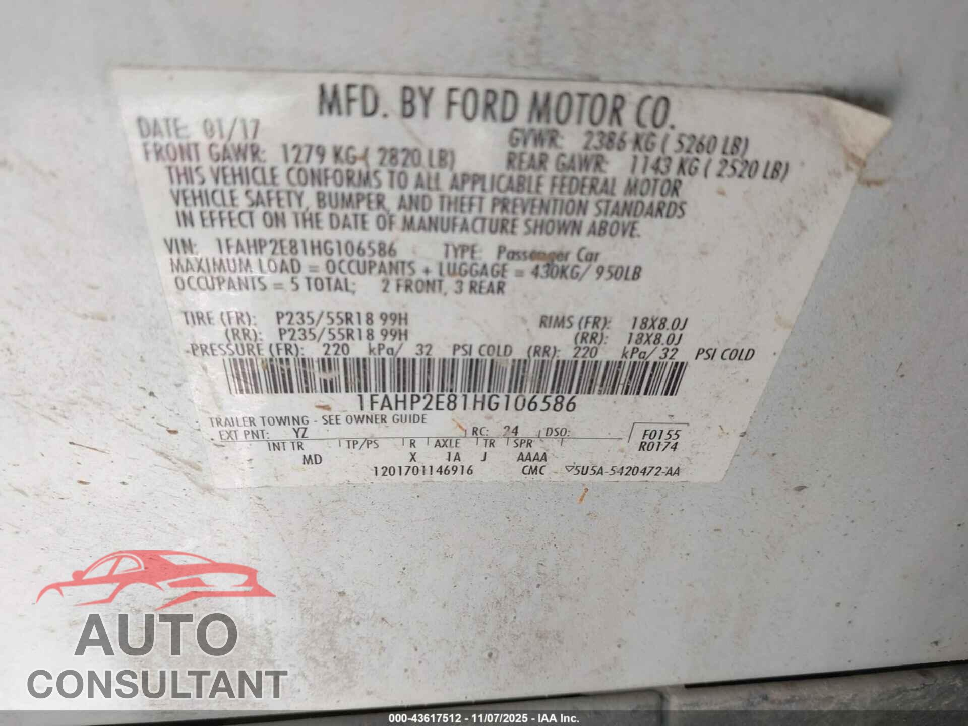 FORD TAURUS 2017 - 1FAHP2E81HG106586