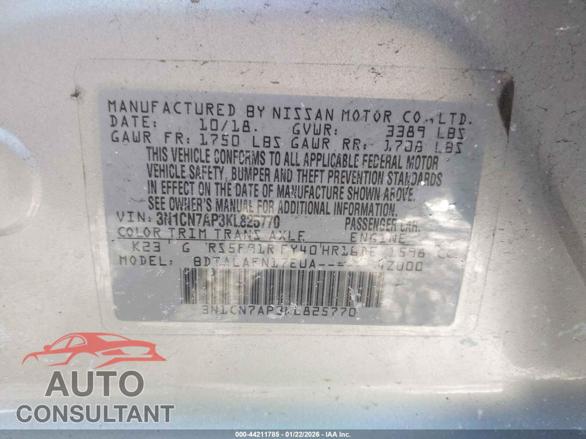NISSAN VERSA 2019 - 3N1CN7AP3KL825770