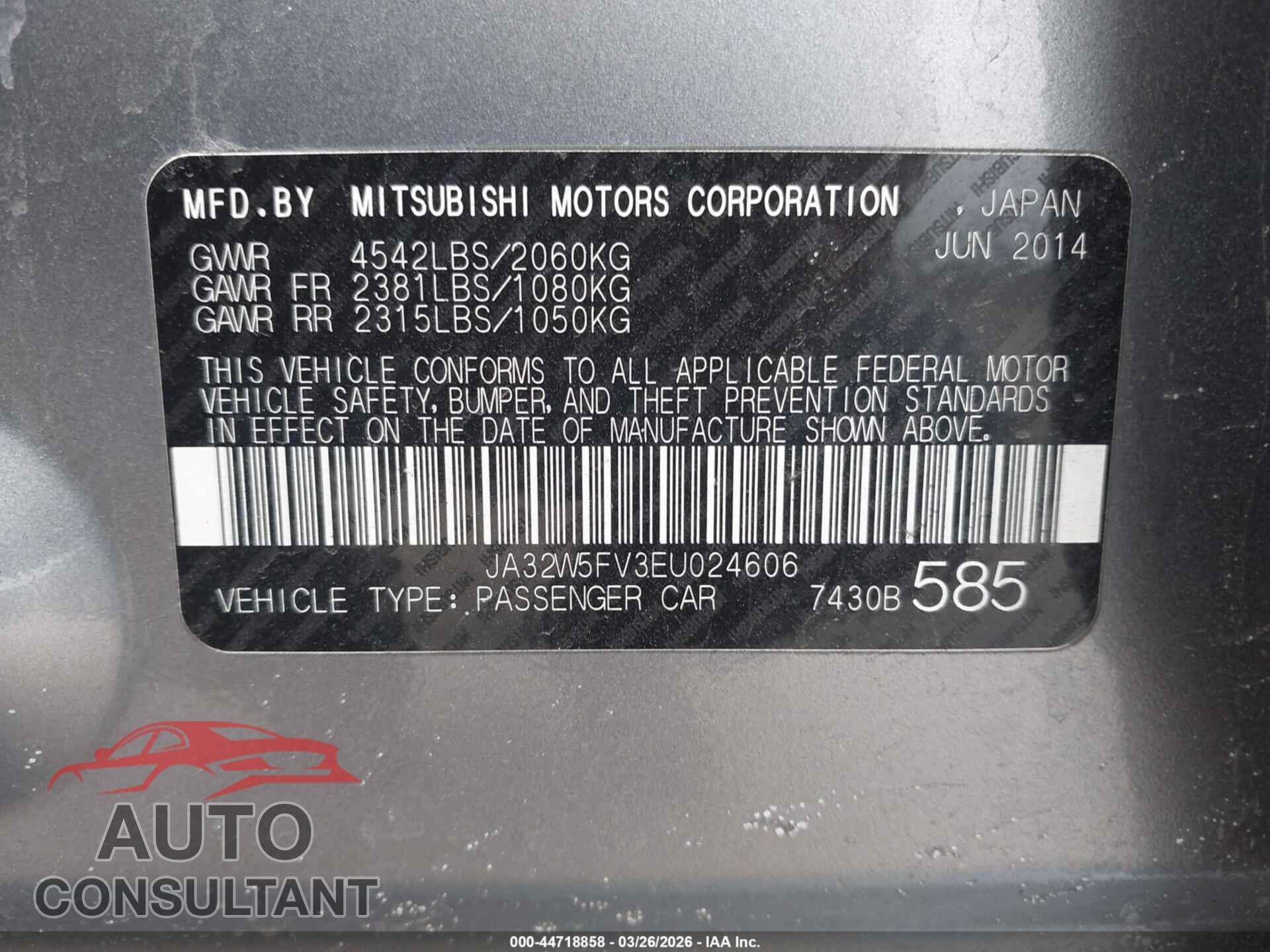 MITSUBISHI LANCER EVOLUTION 2014 - JA32W5FV3EU024606