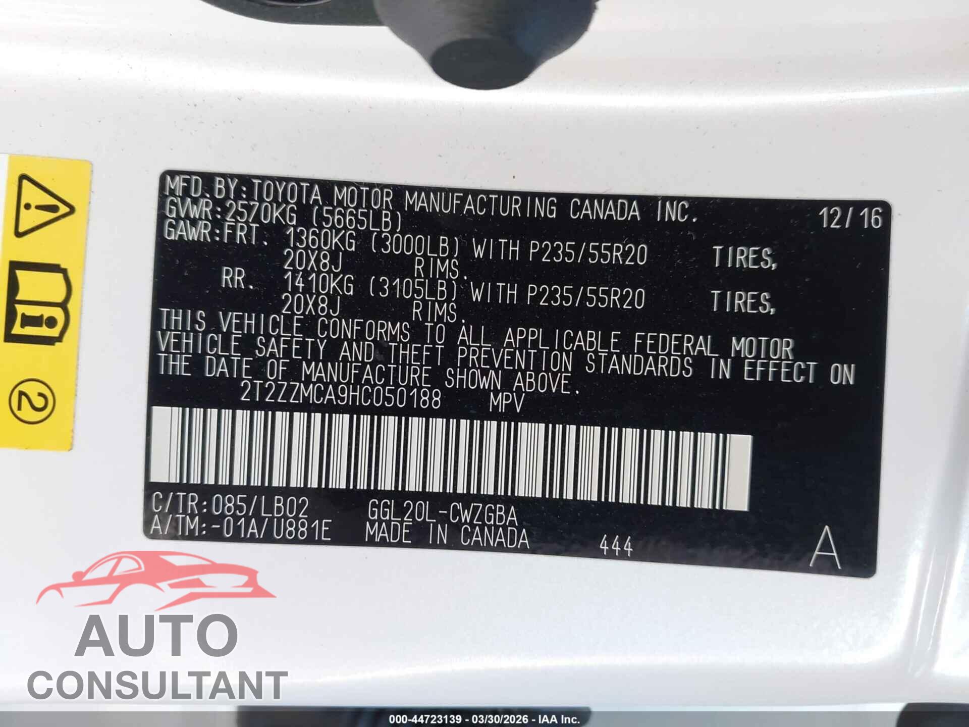LEXUS RX 350 2017 - 2T2ZZMCA9HC050188