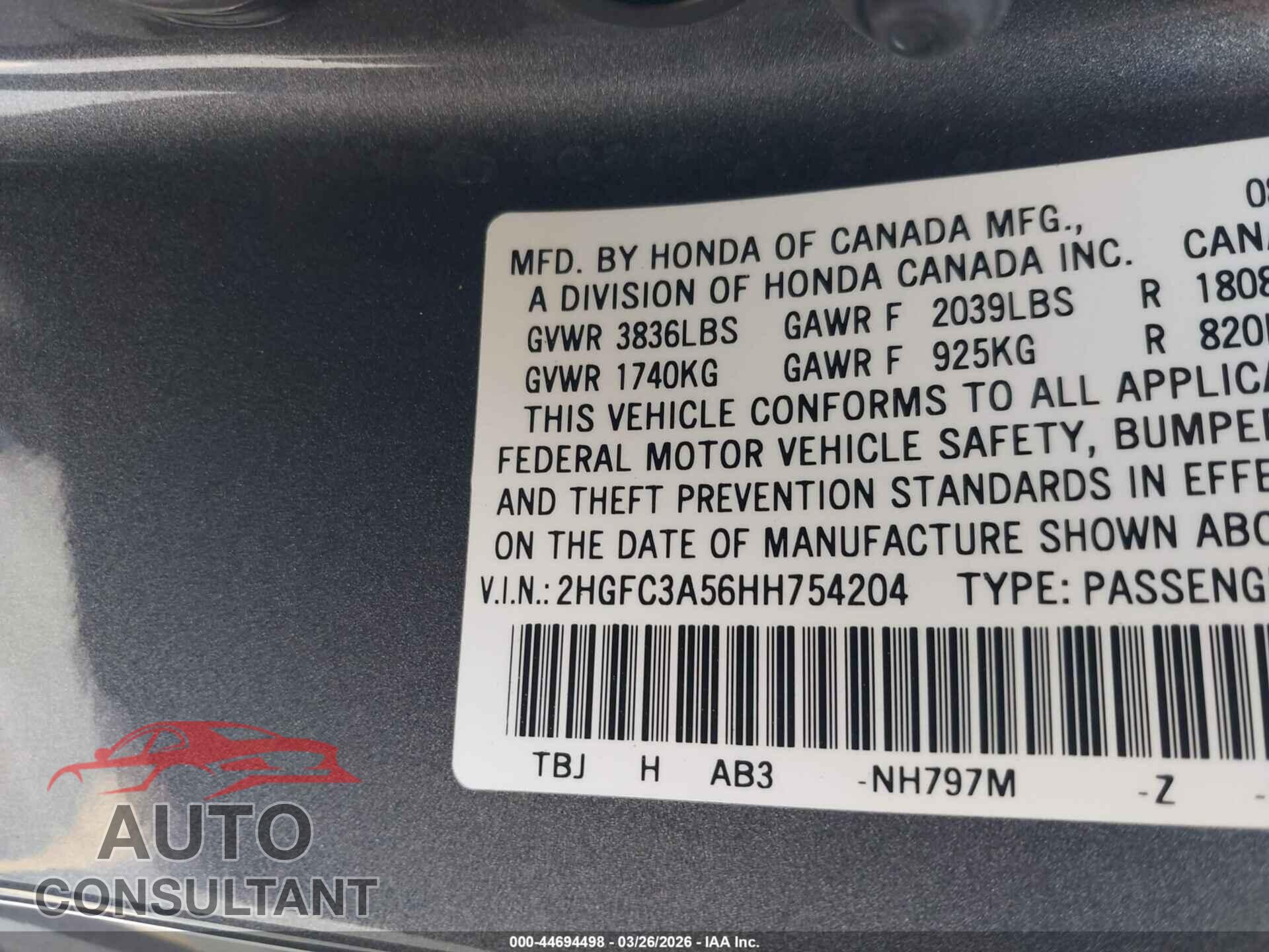 HONDA CIVIC 2017 - 2HGFC3A56HH754204