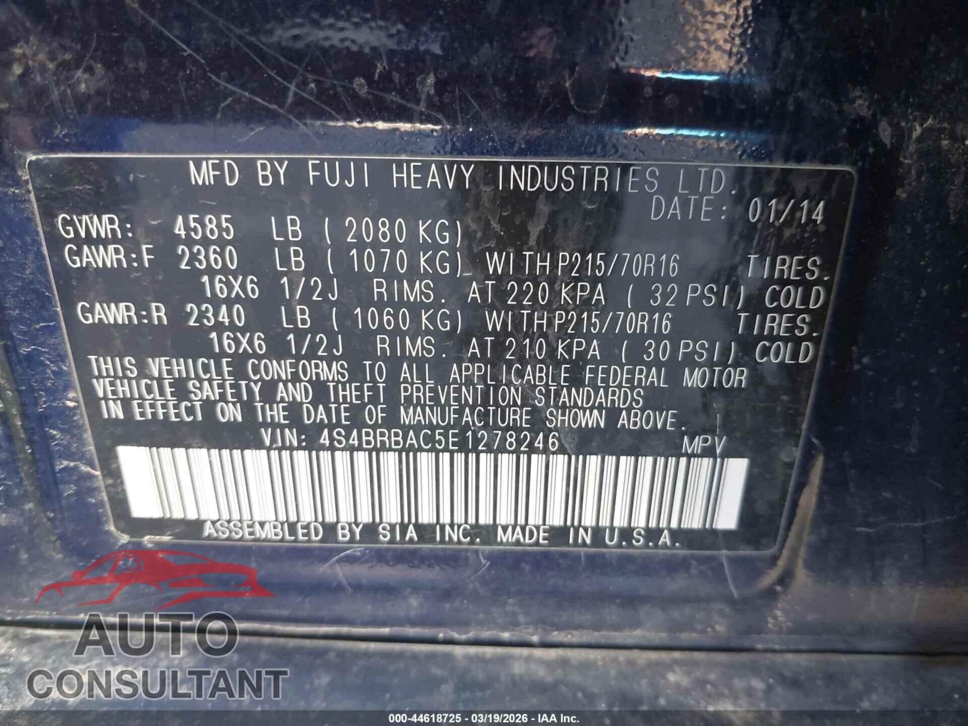 SUBARU OUTBACK 2014 - 4S4BRBAC5E1278246