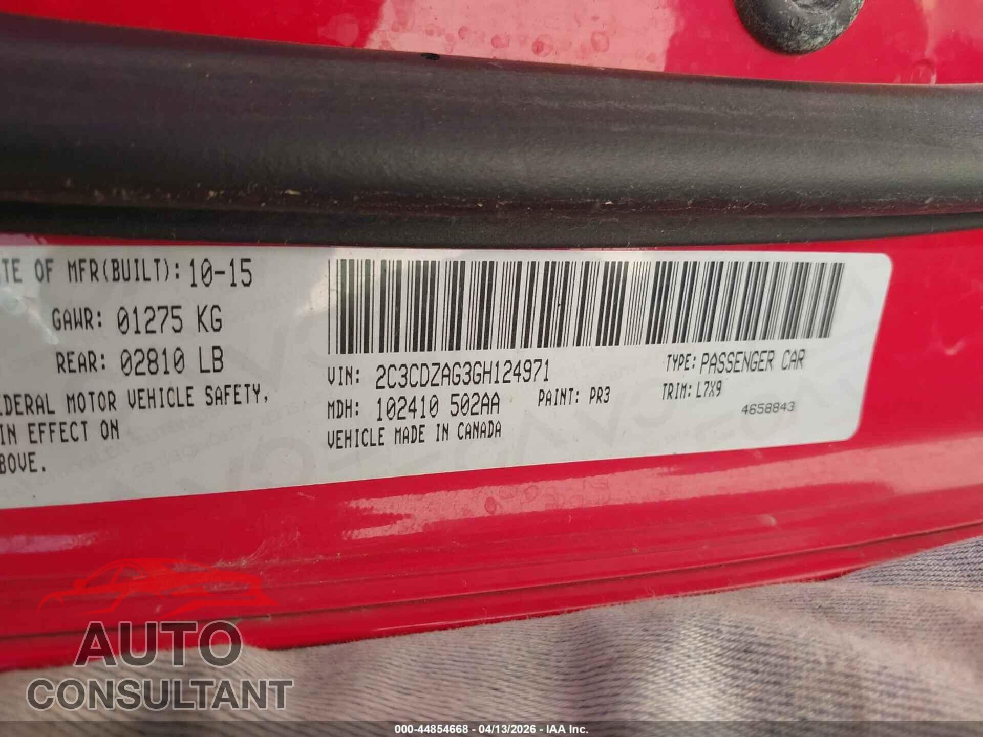 DODGE CHALLENGER 2016 - 2C3CDZAG3GH124971