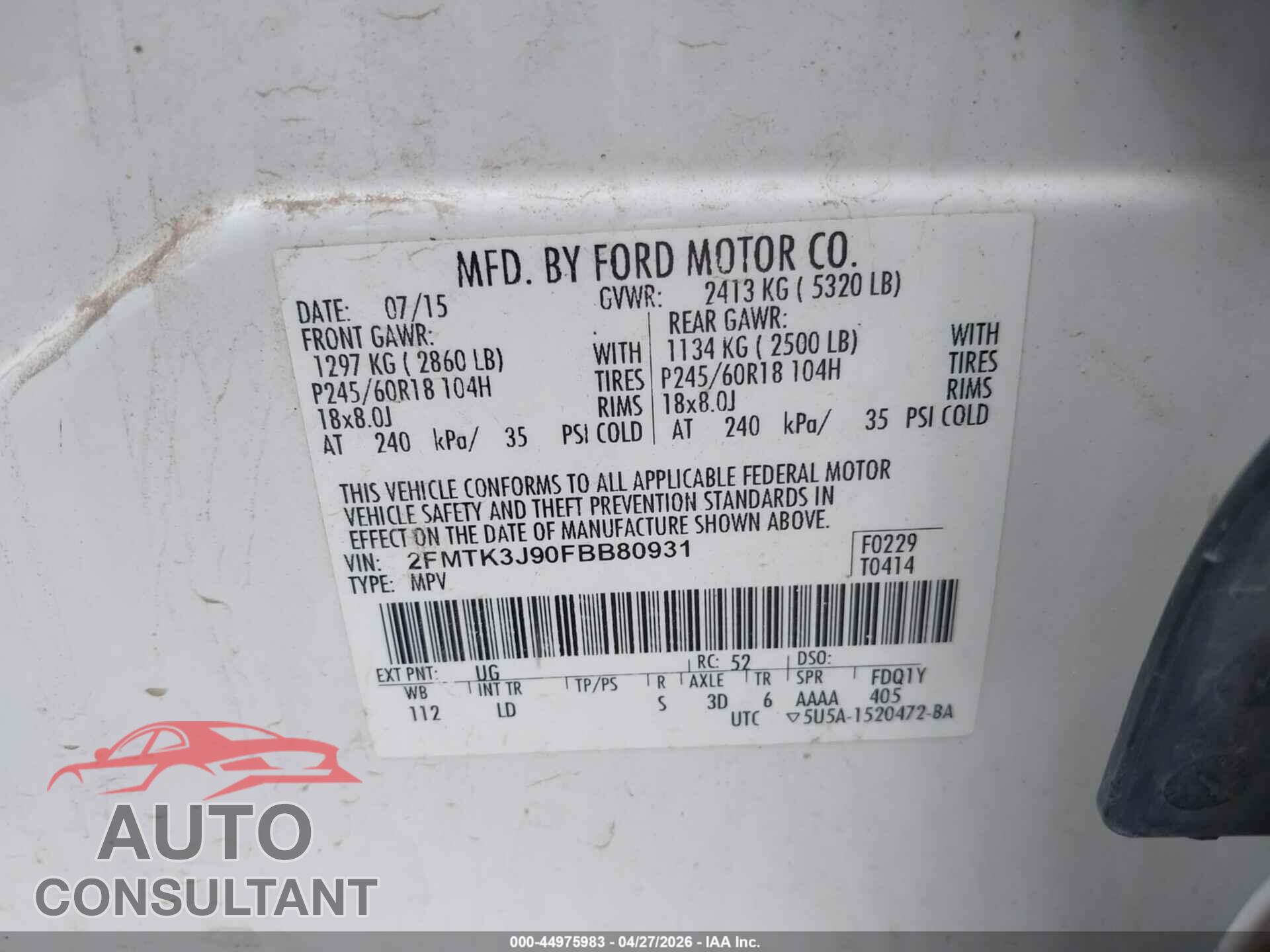 FORD EDGE 2015 - 2FMTK3J90FBB80931