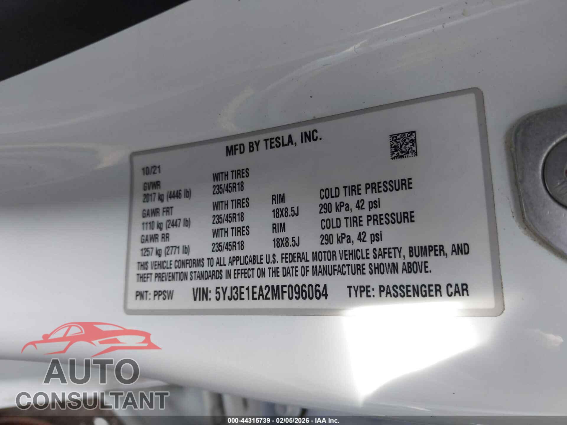 TESLA MODEL 3 2021 - 5YJ3E1EA2MF096064