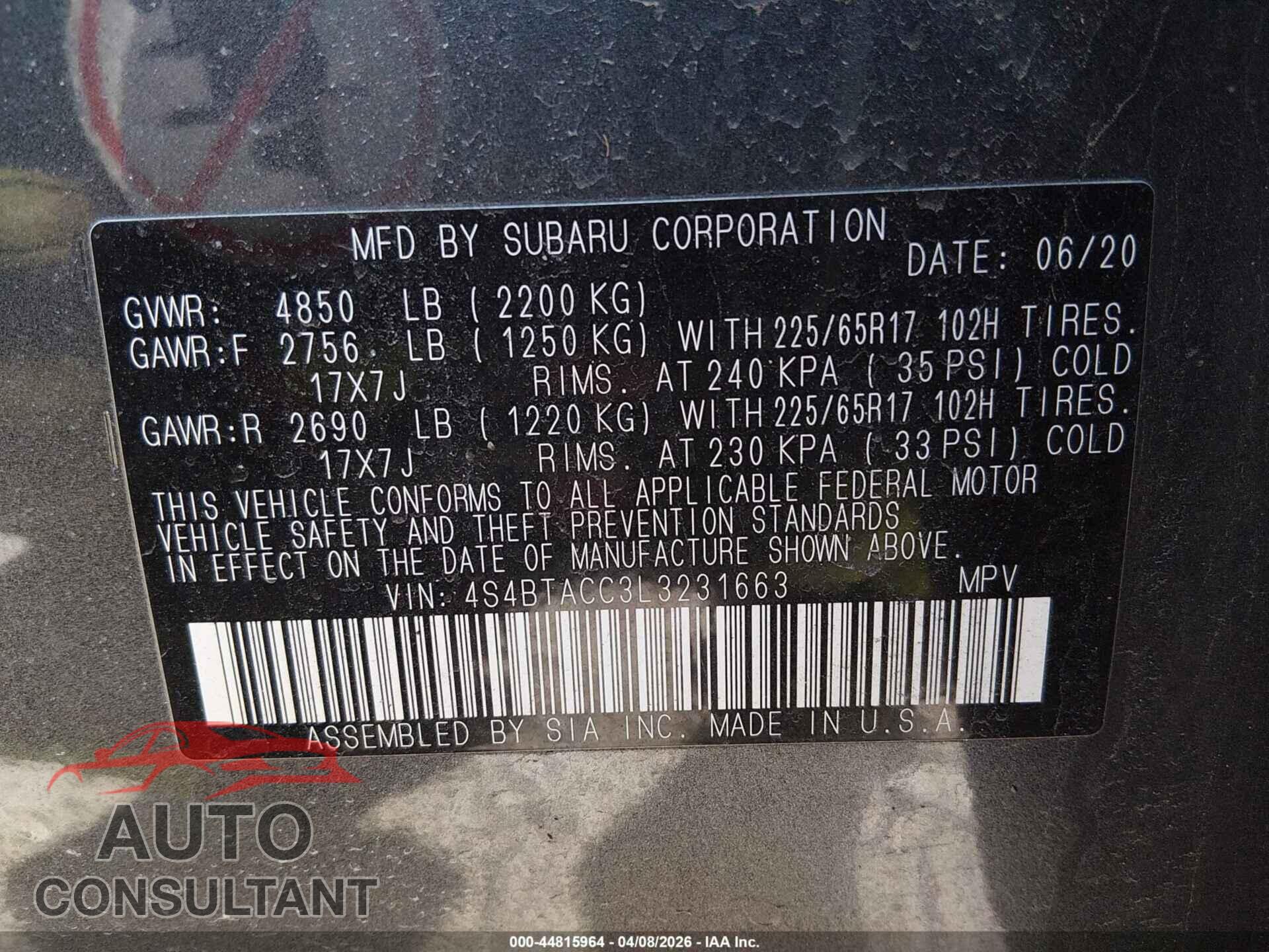 SUBARU OUTBACK 2020 - 4S4BTACC3L3231663