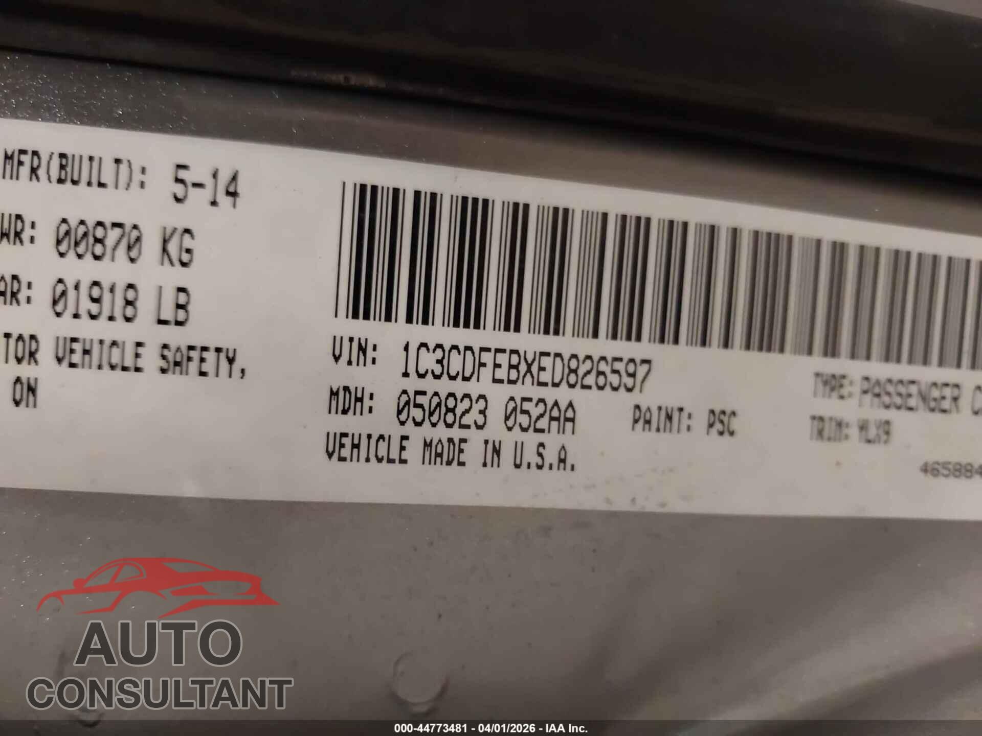 DODGE DART 2014 - 1C3CDFEBXED826597