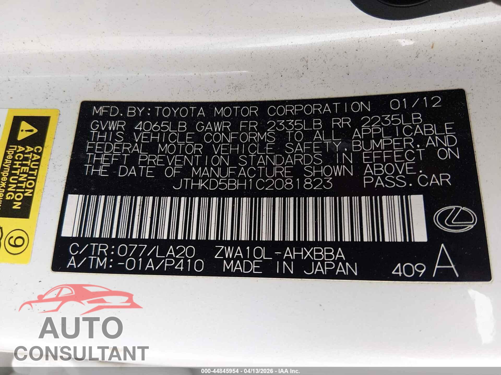 LEXUS CT 200H 2012 - JTHKD5BH1C2081823