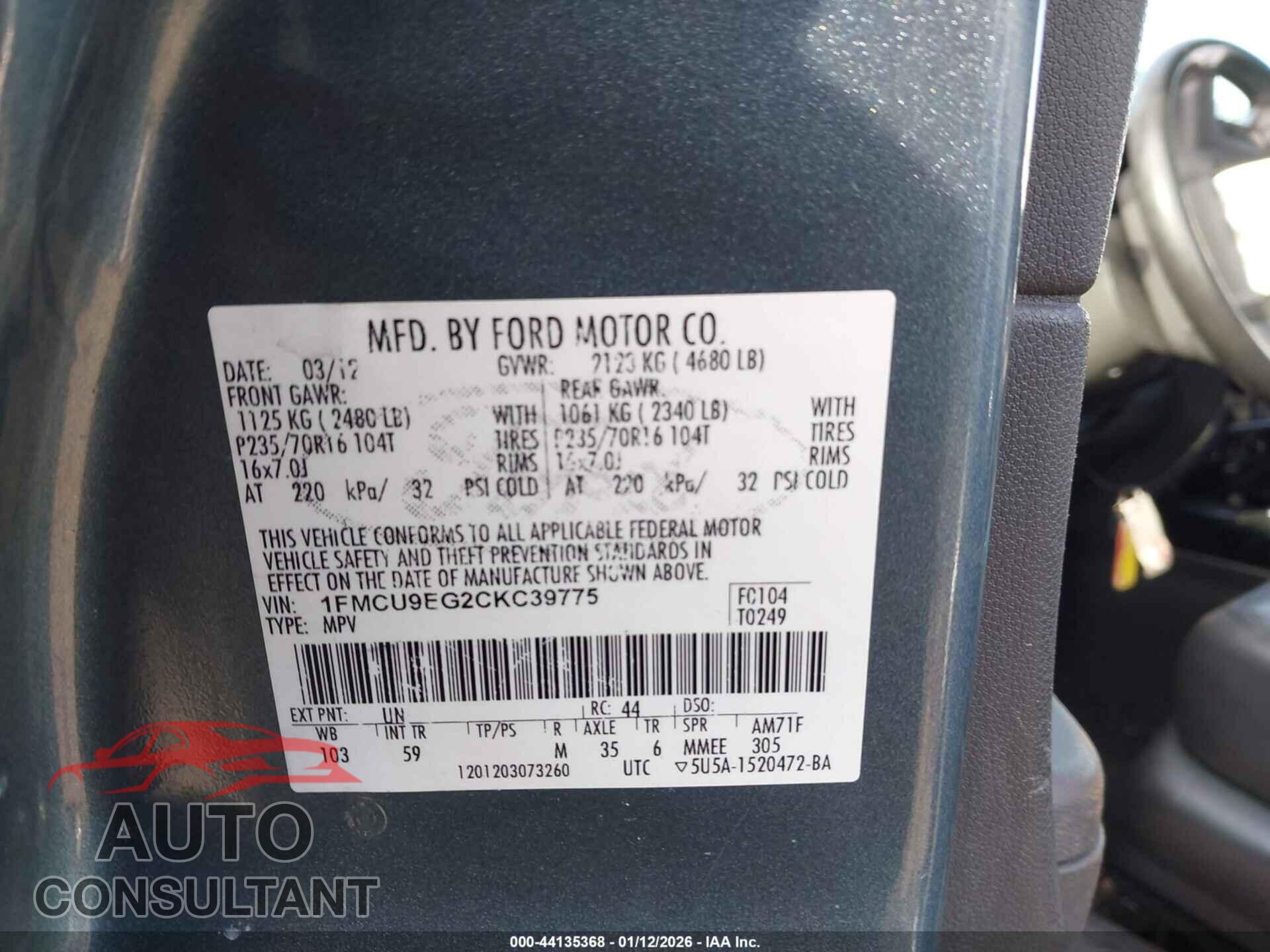 FORD ESCAPE 2012 - 1FMCU9EG2CKC39775